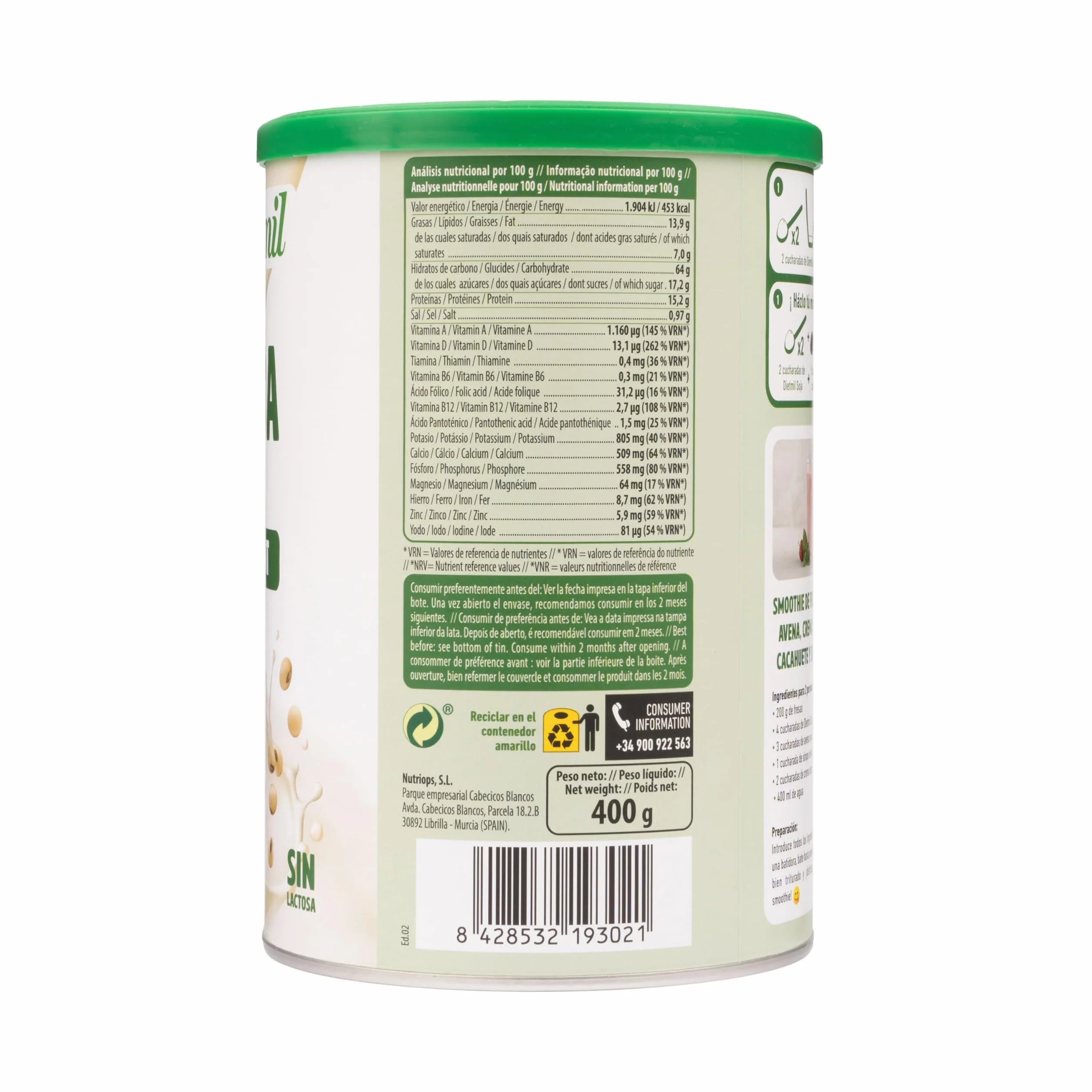 Naturgreen Dietmil Soja Calcium Instant Bio Bebida De Soja En Polvo 400 g
