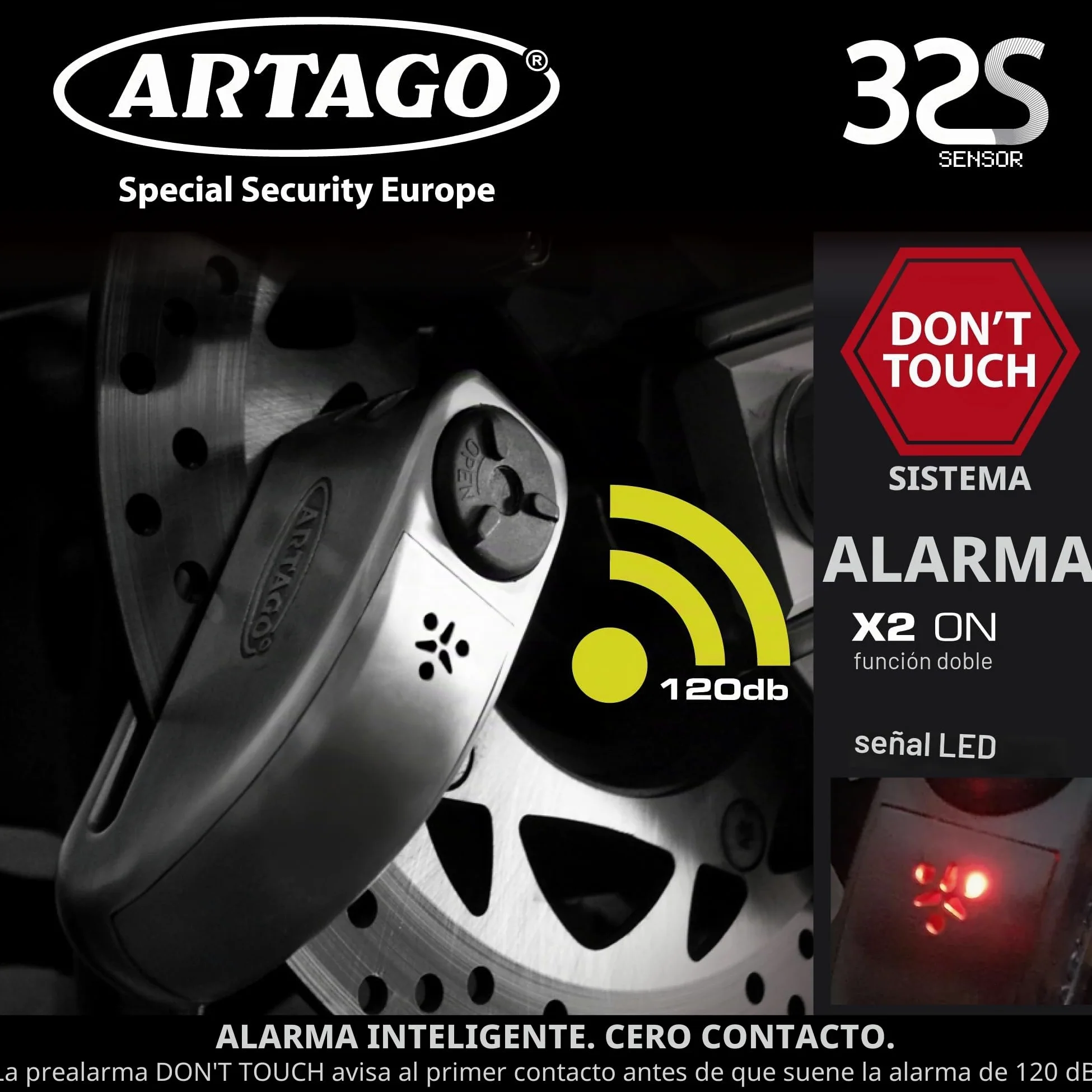 ARTAGO 32 Candado Moto Alta Gama, Mejor Antirrobo Disco con Alarma Inteligente Don't Touch 120dB, Homologado SRA y SSG, Exclusivo Triple Cierre Ø15.5, Blindaje Anti-Taladro 5mm, Pinza Cepo Acero Inox