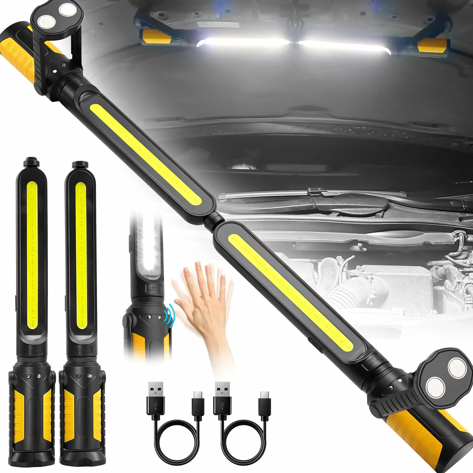 SYLSTAR Linterna Taller con Control por Sensor, 2400LM Linterna Mecanico Recargable con 3 Niveles de Brillo, 4400mAh Batería, Gancho y Base Magnética para Taller Reparación de Autos Emergencia