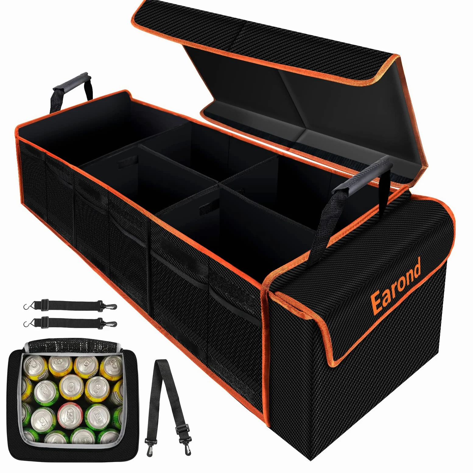 Organizador de maletero grande con refrigerador, organizador de carga de 3 compartimentos, organizador portátil para SUV, coche, camión, caravana, Jeep (negro)