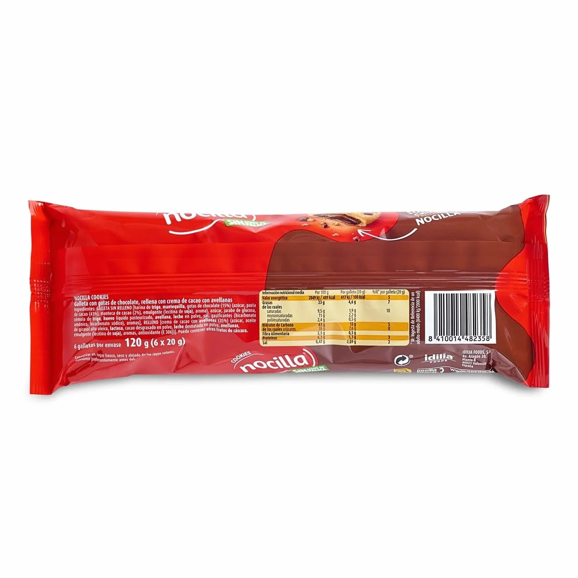 Nocilla Cookies Original Galletas con Gota de Chocolate Rellenas con Crema de Cacao con Avellanas Pack 6 Unidades 120g
