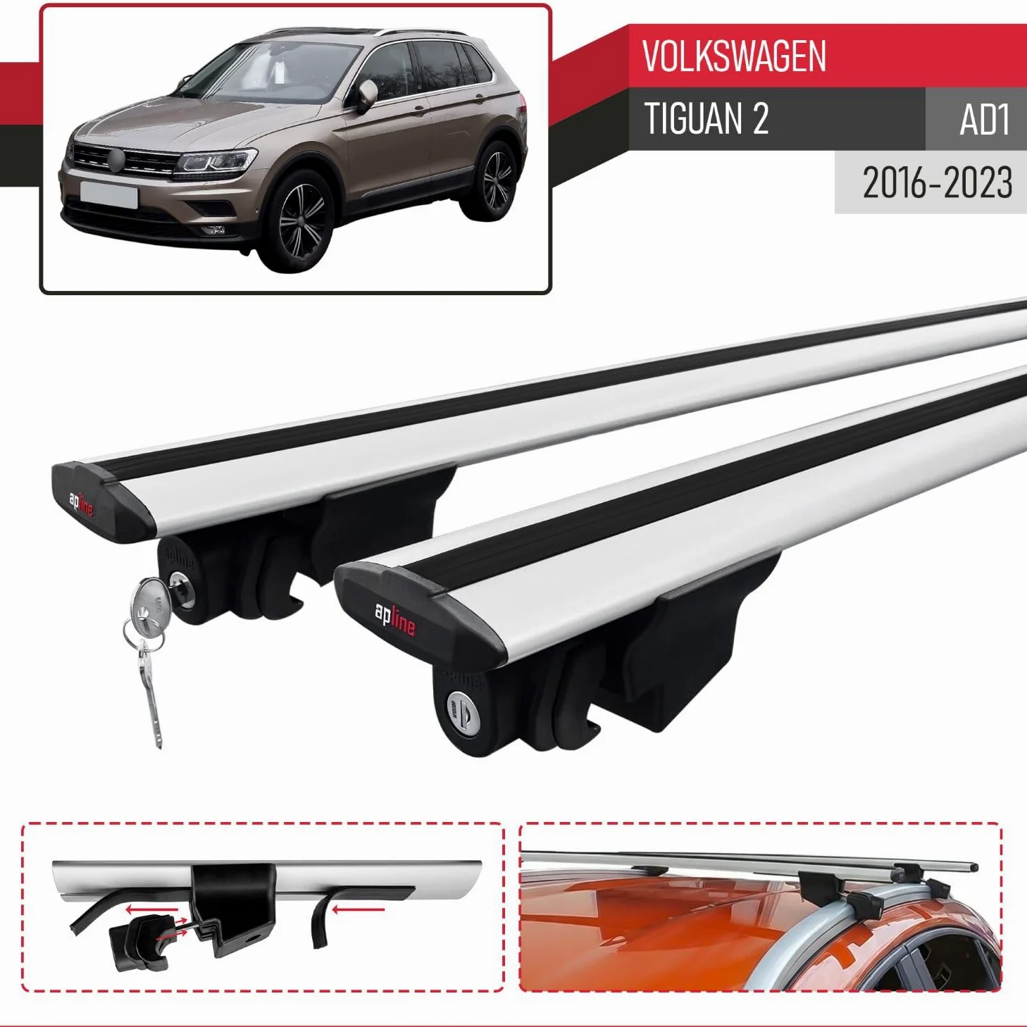 Compatible con Volkswagen Tiguan 2 (AD1) 2016-2023 Modelo Hook Barra de Techo Auto Portaequipajes Barras Transversales Gris Aluminio 2 Barras