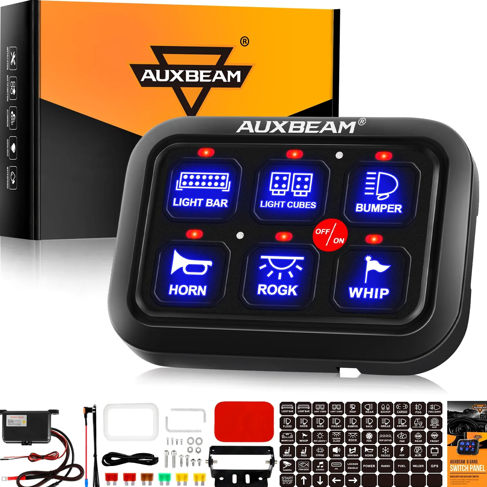 Auxbeam Panel de interruptor de 6 bandas BC60, caja de sistema de relé de control de circuito universal con interruptor LED de encendido y apagado automático regulable para coche, camioneta, UTV, ATV,