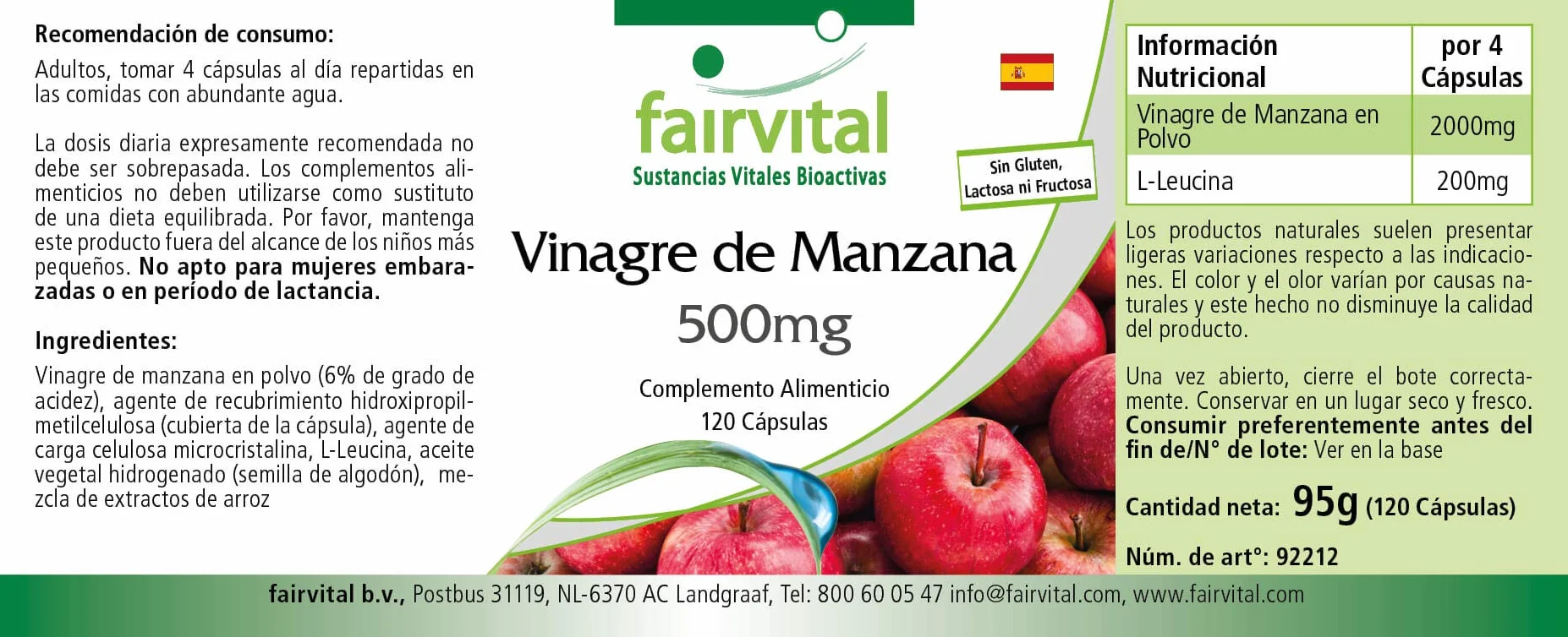 Cápsulas de vinagre de manzana, 120 cápsulas, 500mg, veganas, alta dosis