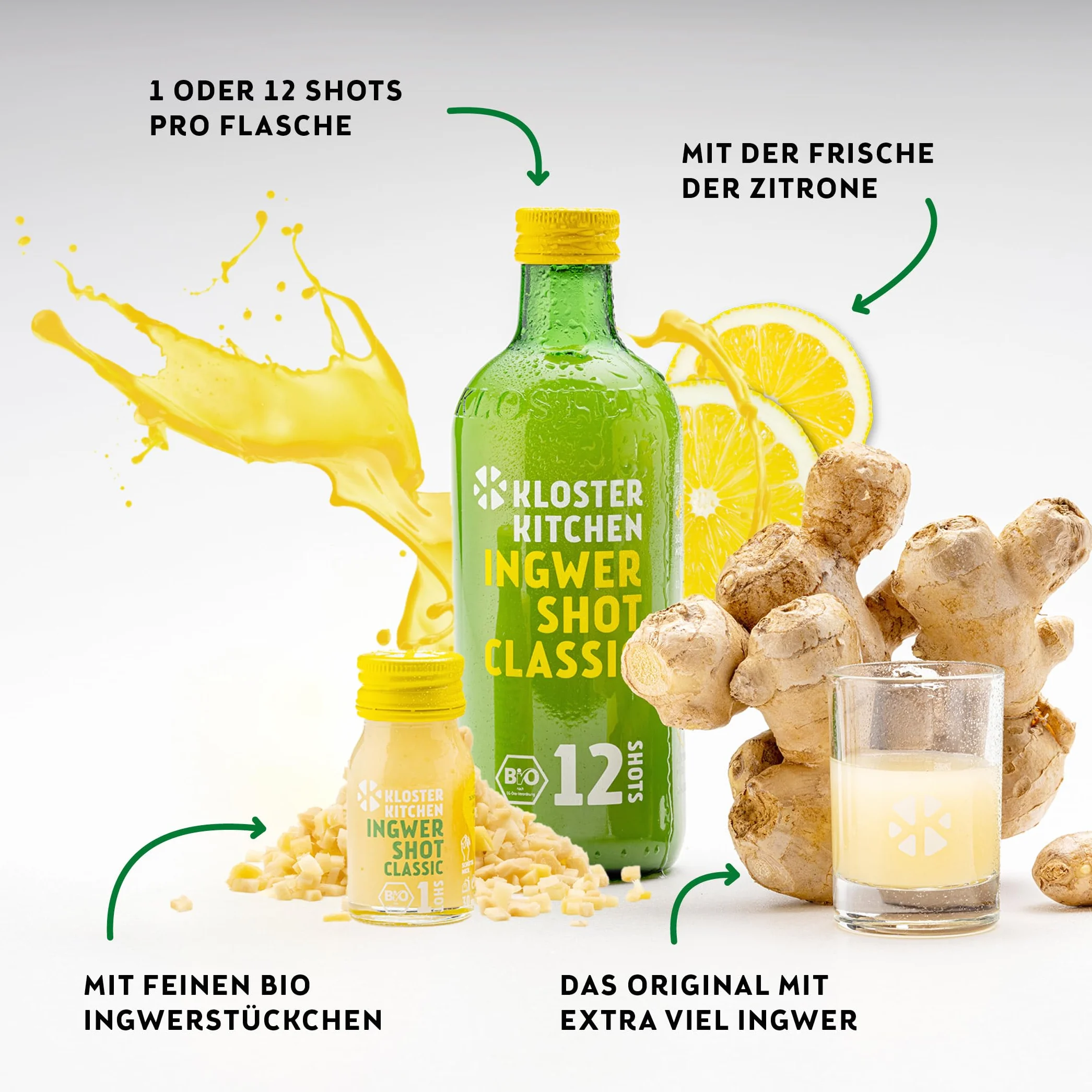Kloster Kitchen Bio Ginger Shot Classic 7 x 30 ml trozos reales de jengibre vegano