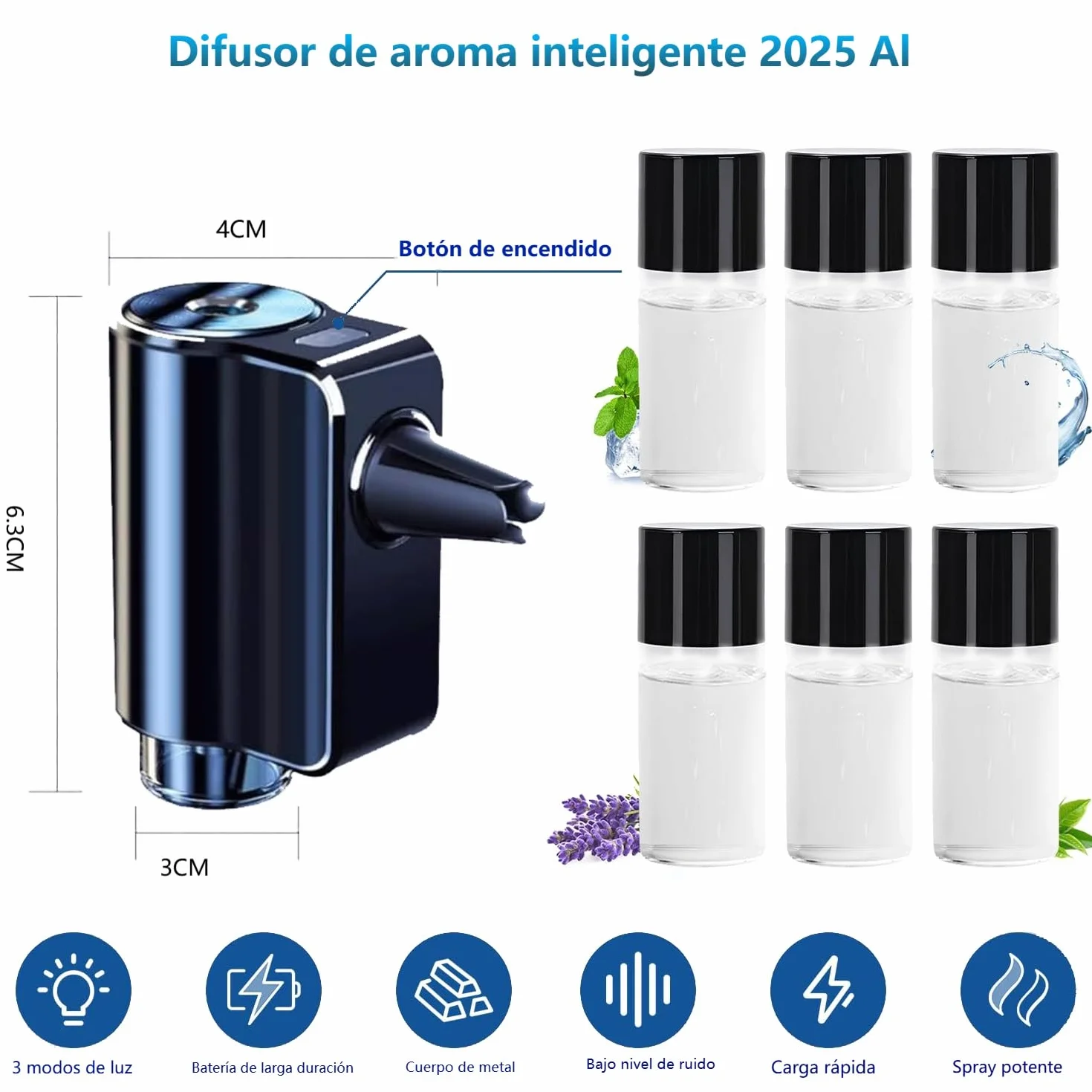 AI Eléctrico Ambientador Coche con 6 perfumes, Nebulizador Ultrasónico, 3 Modos Inteligentes, Encendido/Apagado Automático, Batería Incorporada, Perfume Francés Natural,Fragancia Hasta 12 Meses CFK-6Z