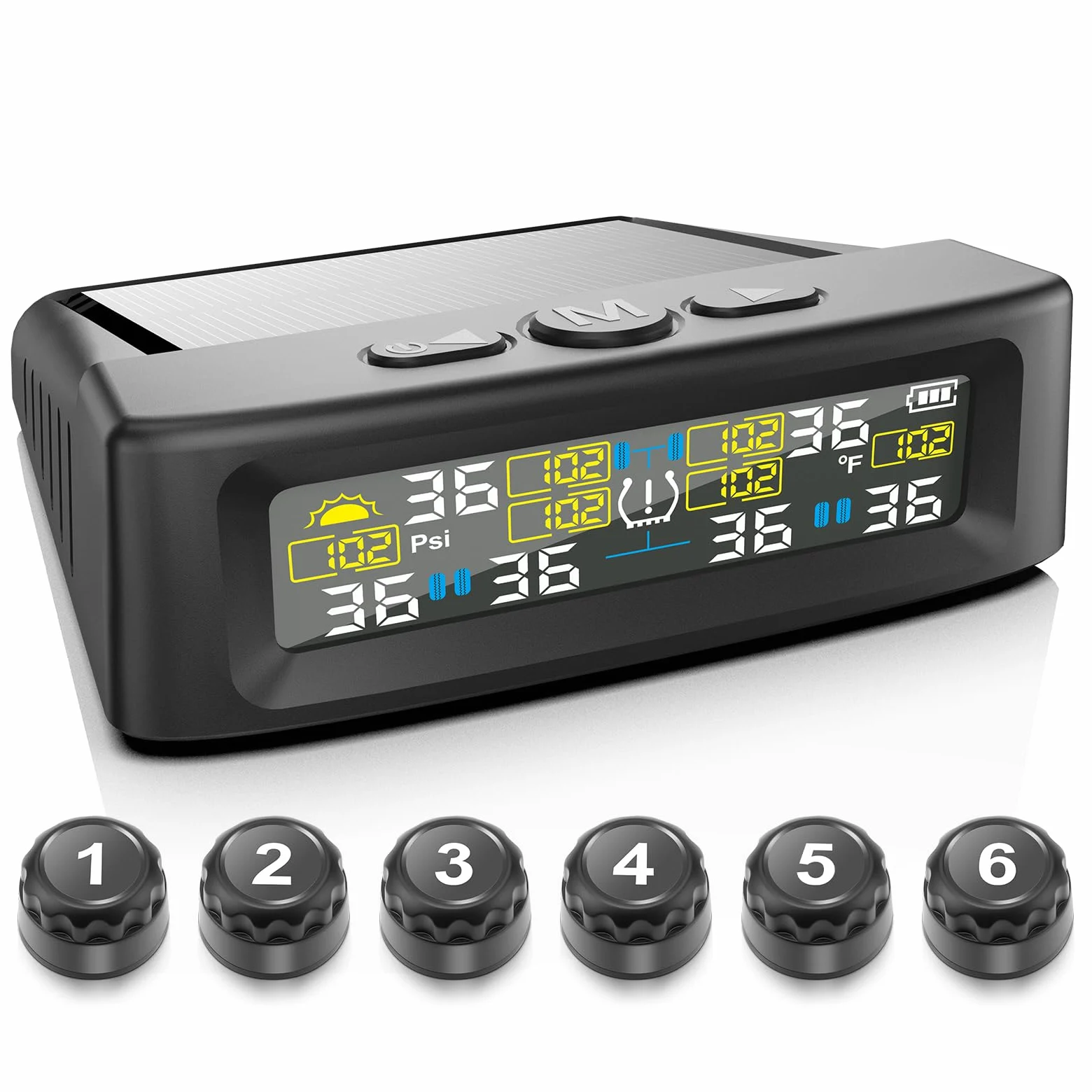TPMS Sistema Monitoreo Presión Neumáticos, 4/6 modalità di cambiu di ruti, 9.9bar/144psi,Carga Solar/USB,6 Funciones de AlarmaparaVehículos Pesados/Caravanas/Autocares (Comercial Mejorada)