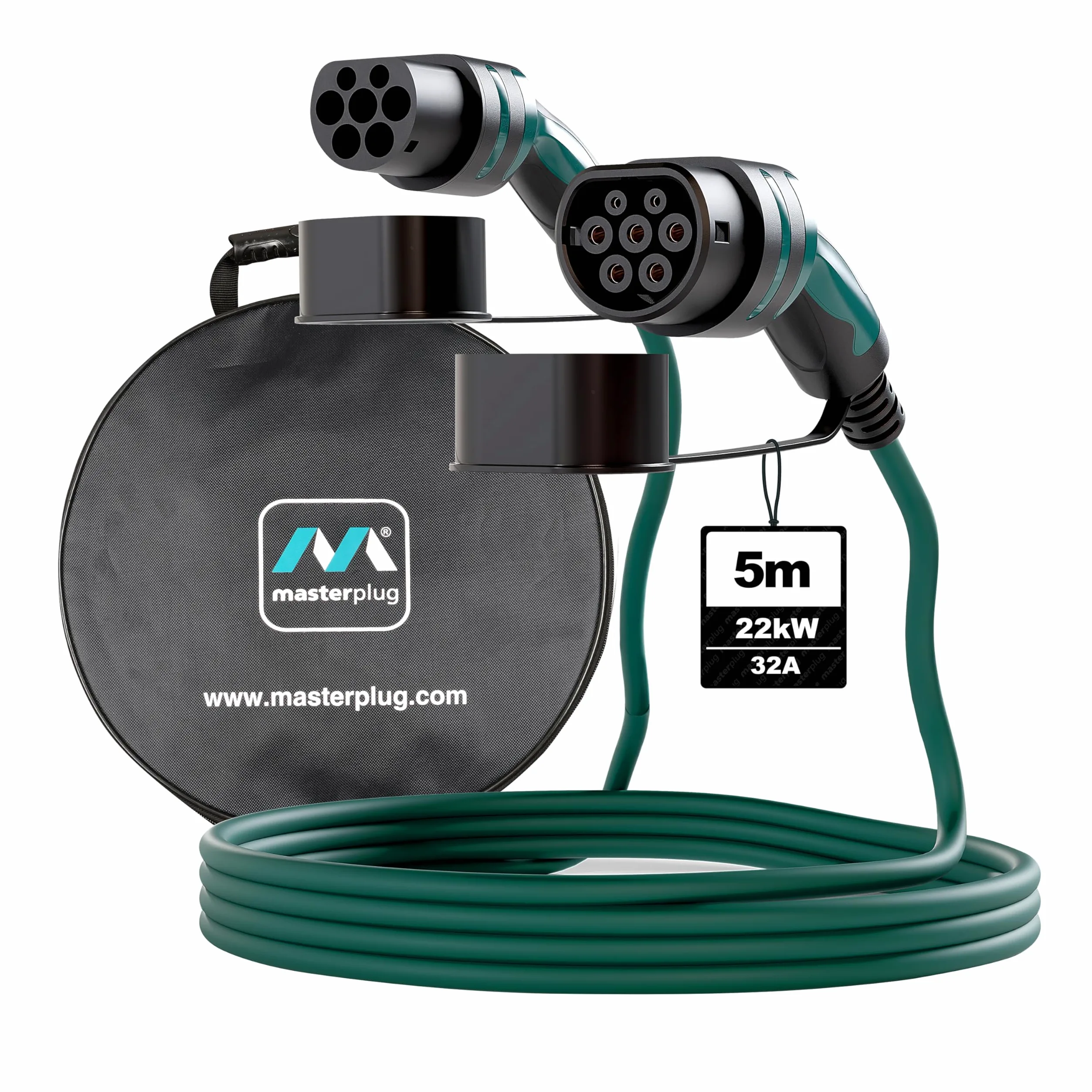 Masterplug Cable de Carga Rápida para VE Modo 3 Tipo 2 a Tipo 2 Trifásico 22kW 32A 5 Metros con Estuche