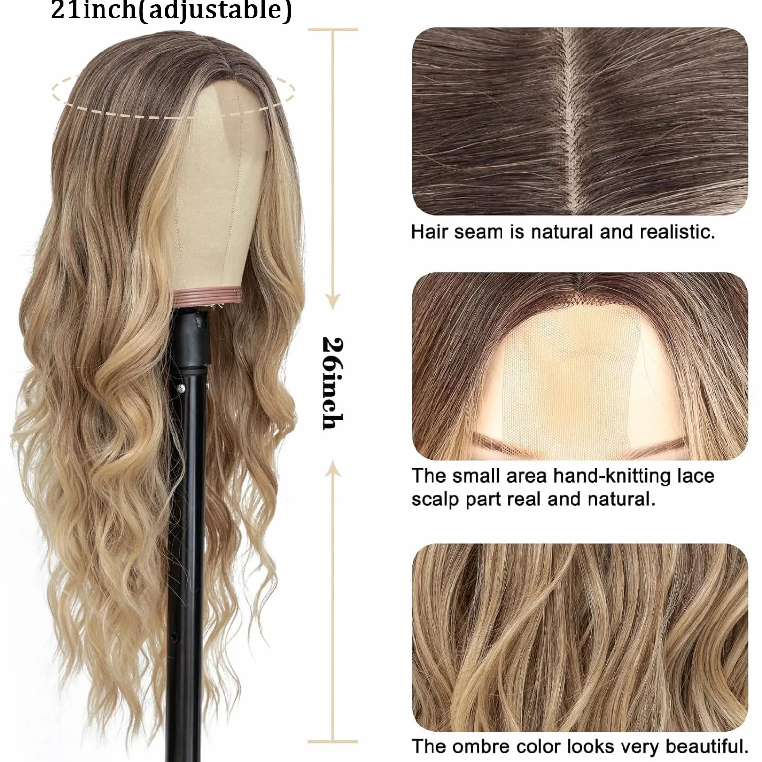 Peluca Sintética de Onda Natural Larga Ombre Marrón a Dorado para Mujer Carnaval Cosplay