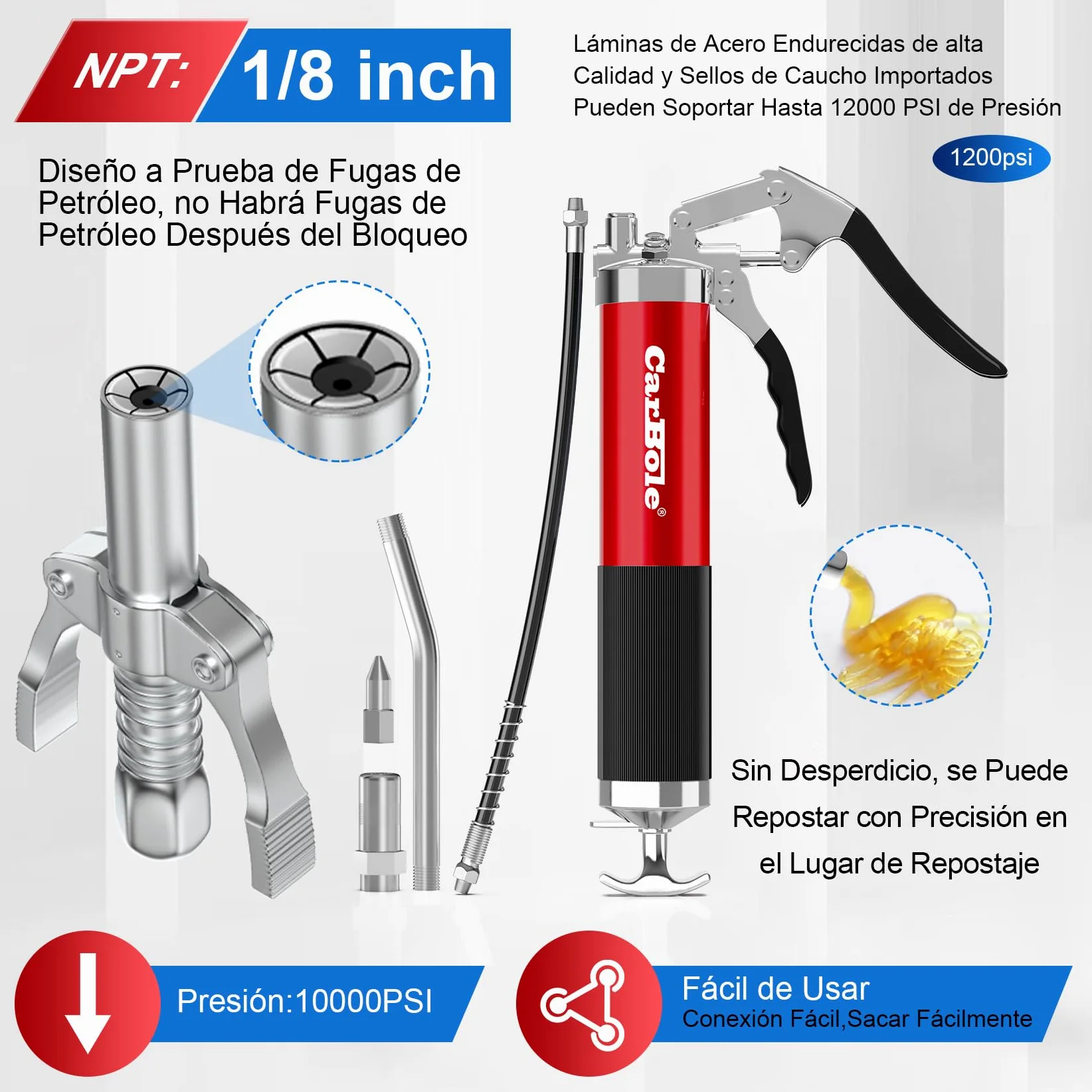 CarBole Pistolas de Engrase 8000PSI con Acoplador,Engrasadora,Bomba de Engrase,3 Mangueras Flexibles y Tubo de Extensión de Metal,Con Seis Tipos de Boquilla,Compatible con Cartucho de Tinta 400cc