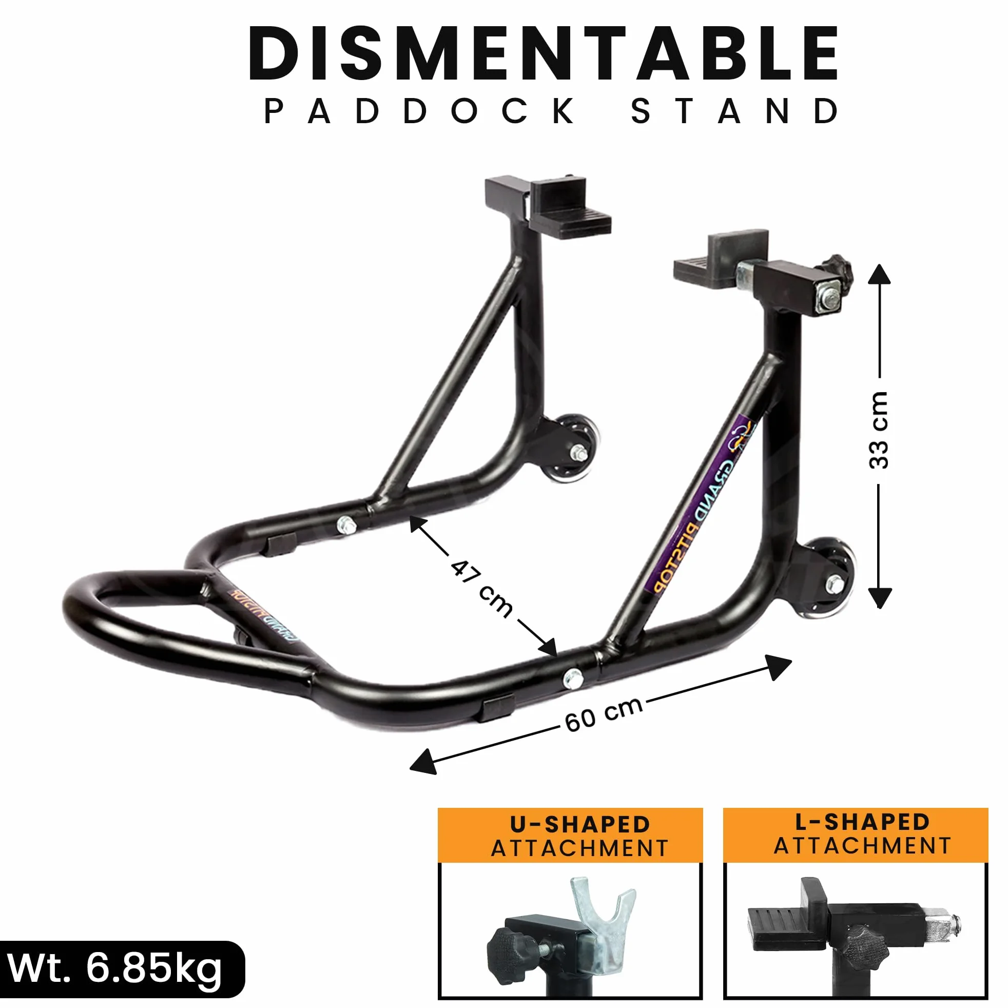 GRAND PITSTOP Motorcycle Stand, Paddock Lift Stand for Rear Wheel with Fork & Swingarm Spool,Weight capicity 990Lbs & 450 Kg's, Dismantable Stand, for Yamaha Honda Kawasaki Suzuki Motorcycles, Black