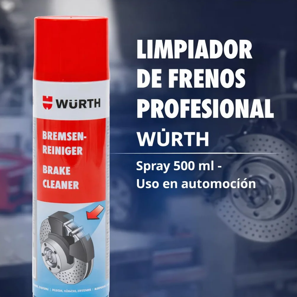 WURTH Limpiador de Frenos 500 ml – Pack de 12 Unidades – Spray Profesional para Limpiar Frenos, Embragues, Motores y Piezas Metálicas – Ref. 08901087