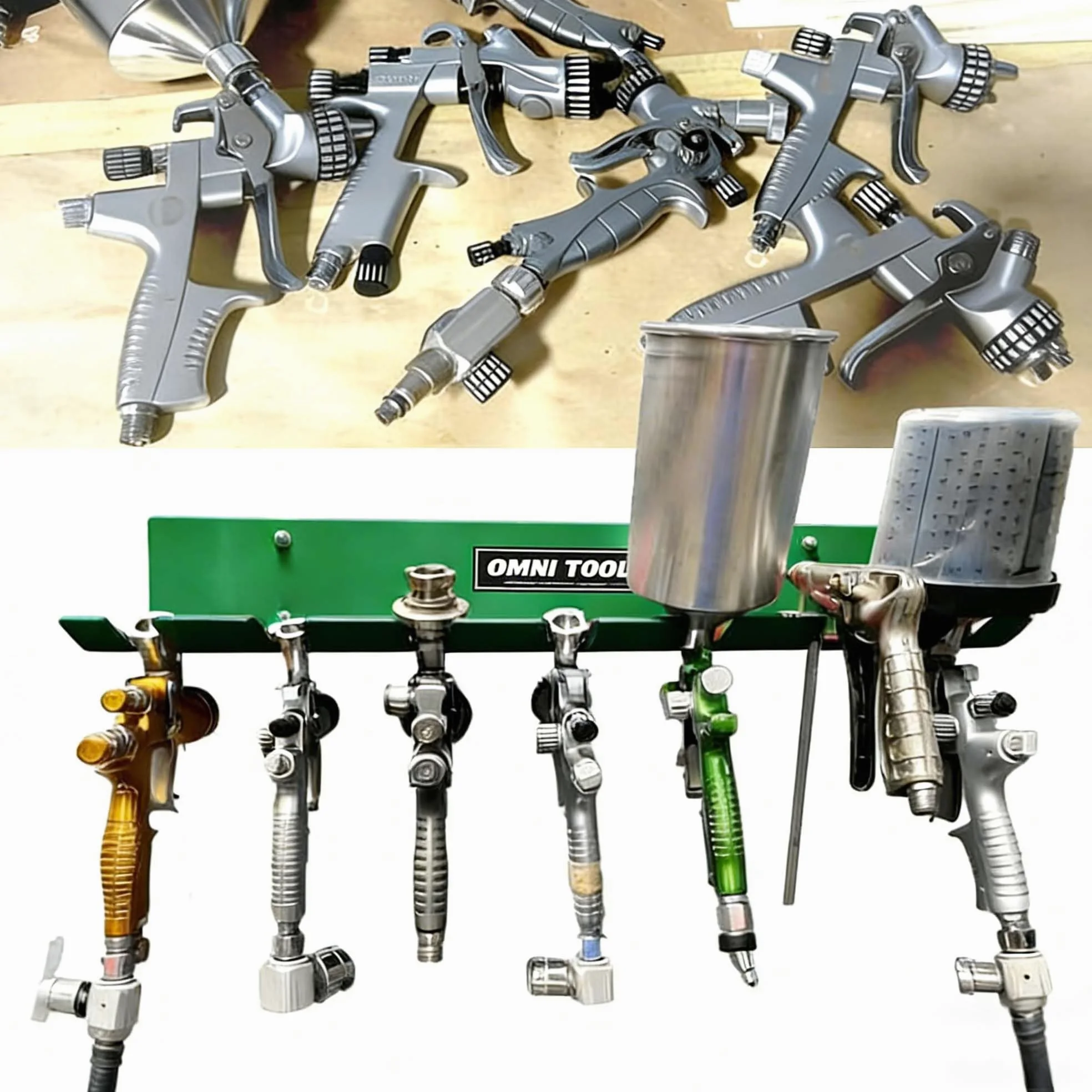 LAUCO Omni Tool - Soporte para pistola de pintura múltiple, soporte para pistola de pintura, capacidad para 7 pistolas sin tazas o 4 pistolas con tazas, diseño estable y sin arañazos (verde, 1 unidad)