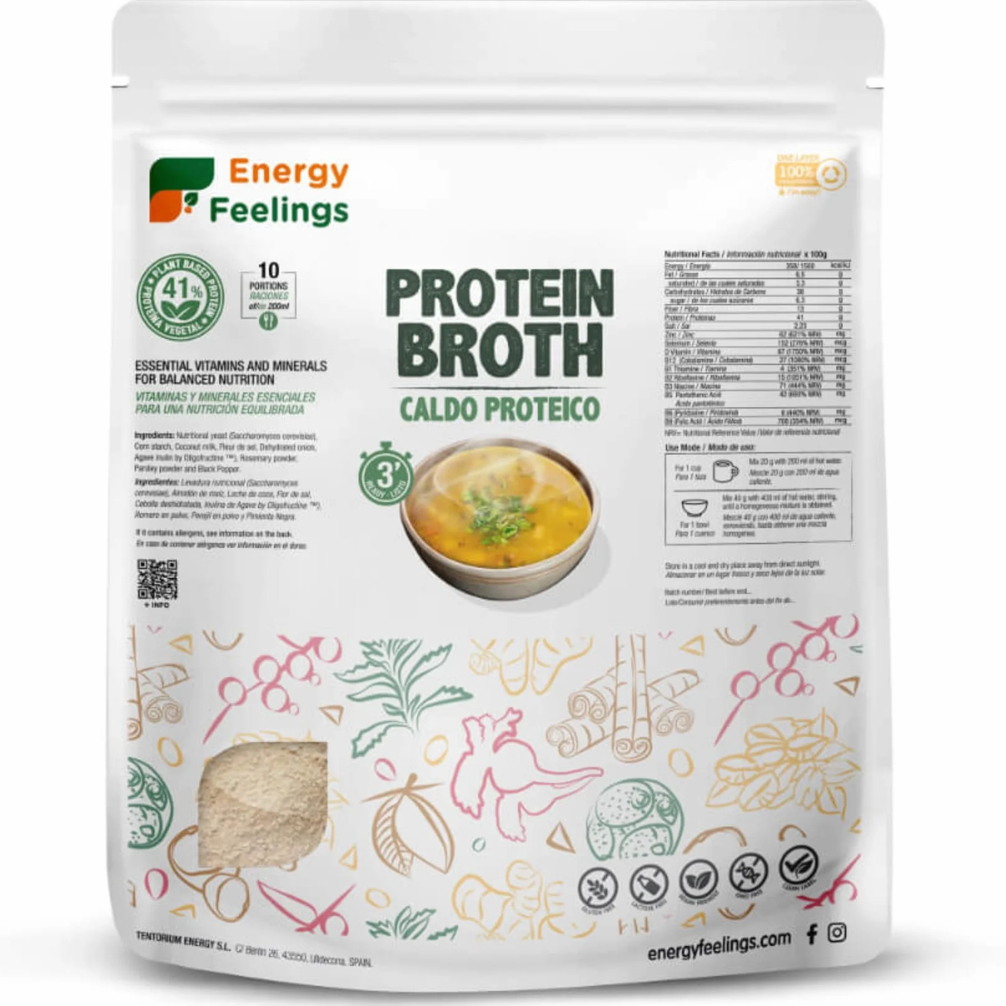 Caldo Vegetal Nutricional Proteico en Polvo y Copos 500g | Rico en Proteína 41% y Fibra 13% | Sin Gluten Vegano Sin Azúcares Añadidos