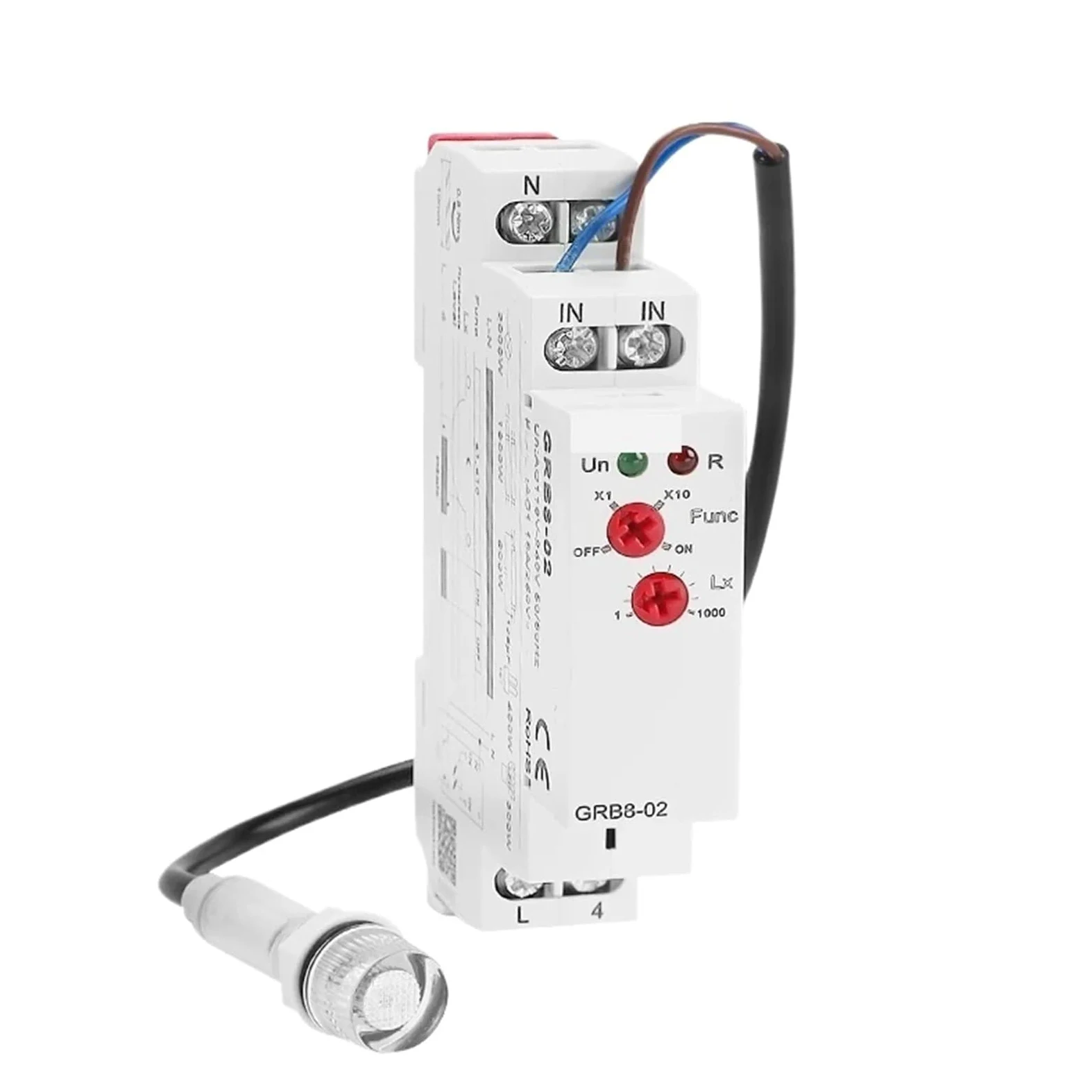 GRB8-01/02 Interruptor crepuscular de riel DIN, temporizador, sensor de luz, relé, CA 110 V-240 V, encendido y apagado automático(GRB8-02 AC110-240V)