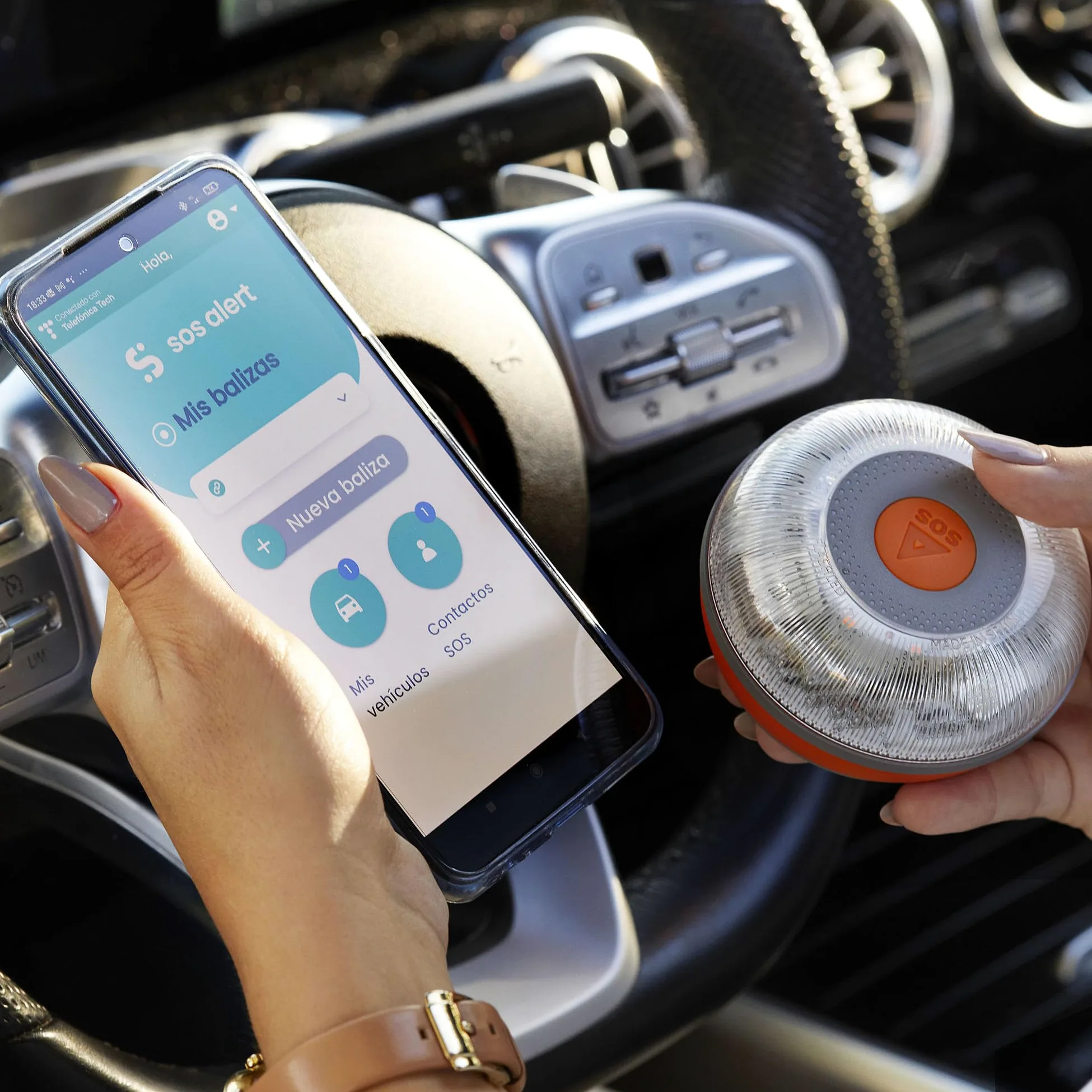 FlashLED SOS Luz de Emergencia para coche homologada, Baliza V16 Conectada Obligatoria DGT 2026, SIM y servicio hasta 2038, Cobertura profunda y Geolocalización