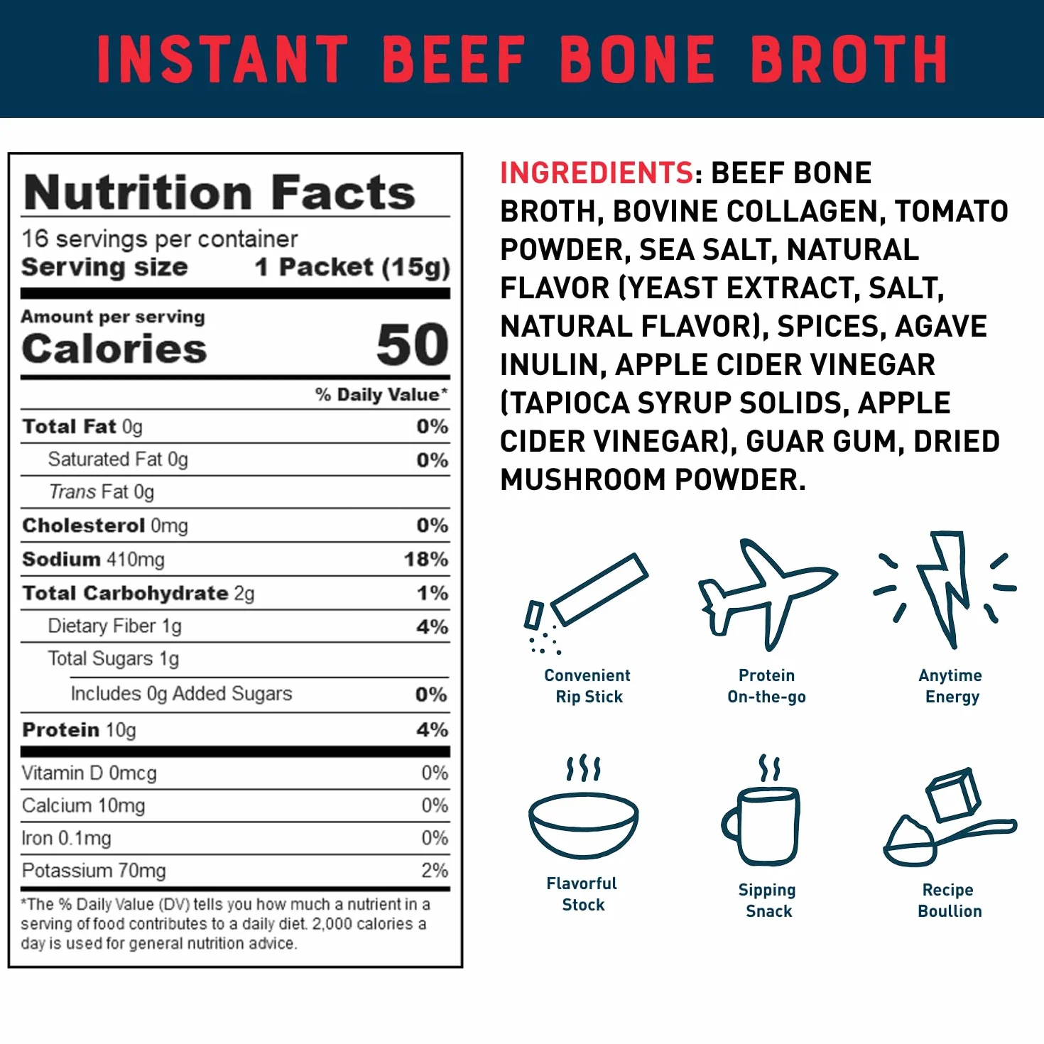 Bare Bones Caldo de hueso instantáneo en polvo proteínas 10 g Keto Paleo paquete 16 porciones