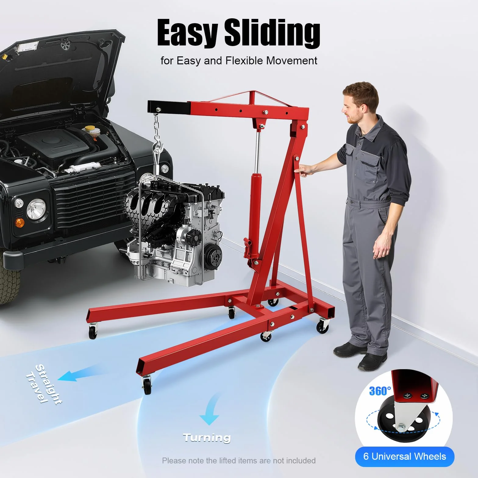 Grúa de motor plegable, 2T 2000 kg, elevador de motor, altura 2,1 m, grúa de taller con cilindro hidráulico 8T, 4 posiciones, 6 ruedas, acero al carbono, distancia del gancho al suelo de 148 cm, para