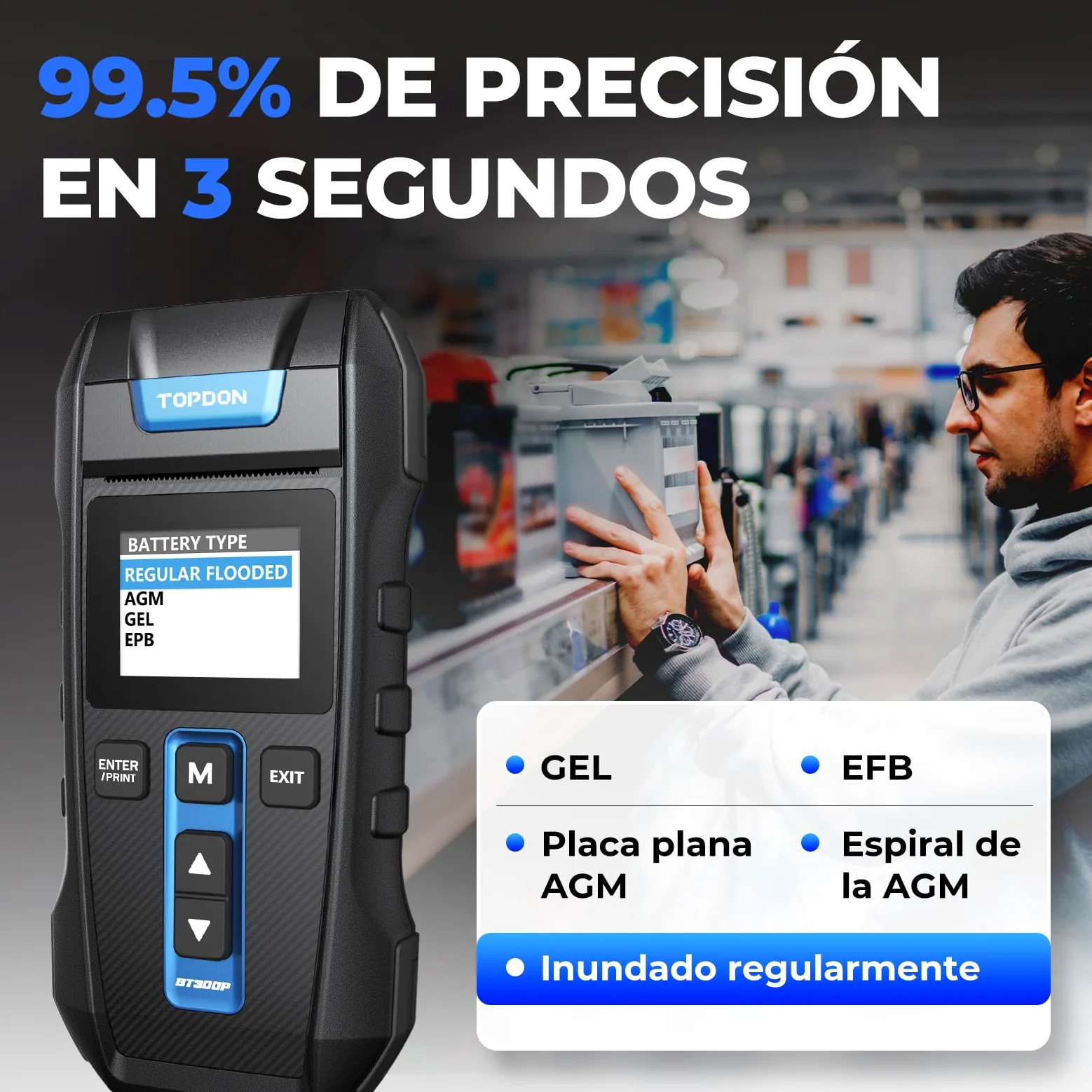 Probador de batería de 12 V/24 V con impresora incorporada Topdon BT300P, 100-2000 CCA - Probador de carga automático para prueba de batería/arranque/carga