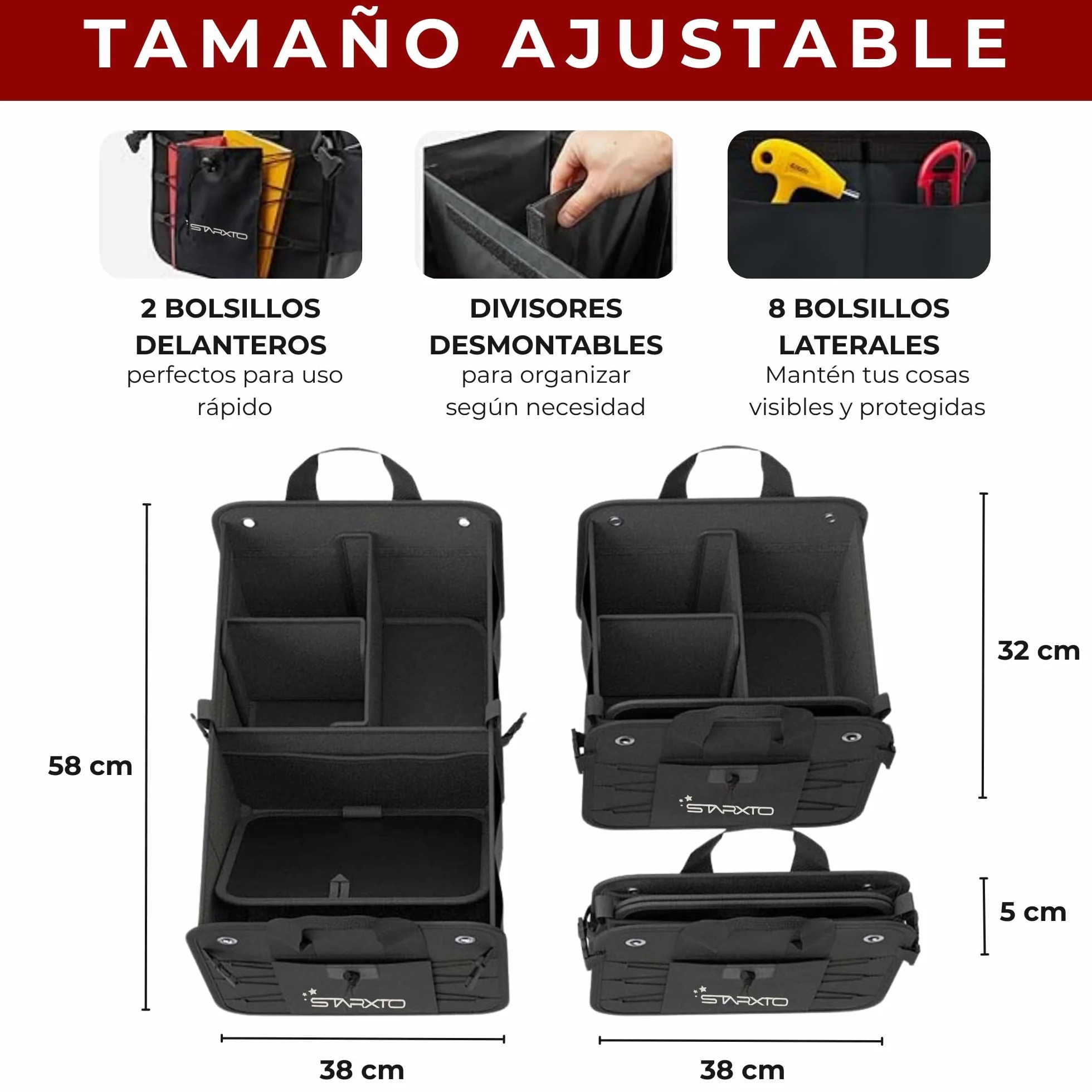 Organizador de Maletero Coches y SUV, Plegable con Tapa, Ajustable, 2 en 1 Set - Caja Maletero - Bolsa Maletero Coche - Organizador Coche Maletero - Caja Plegable