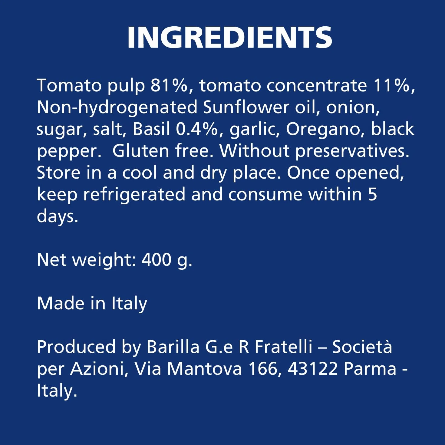Barilla Salsa de tomate para pizza frasco 400 g