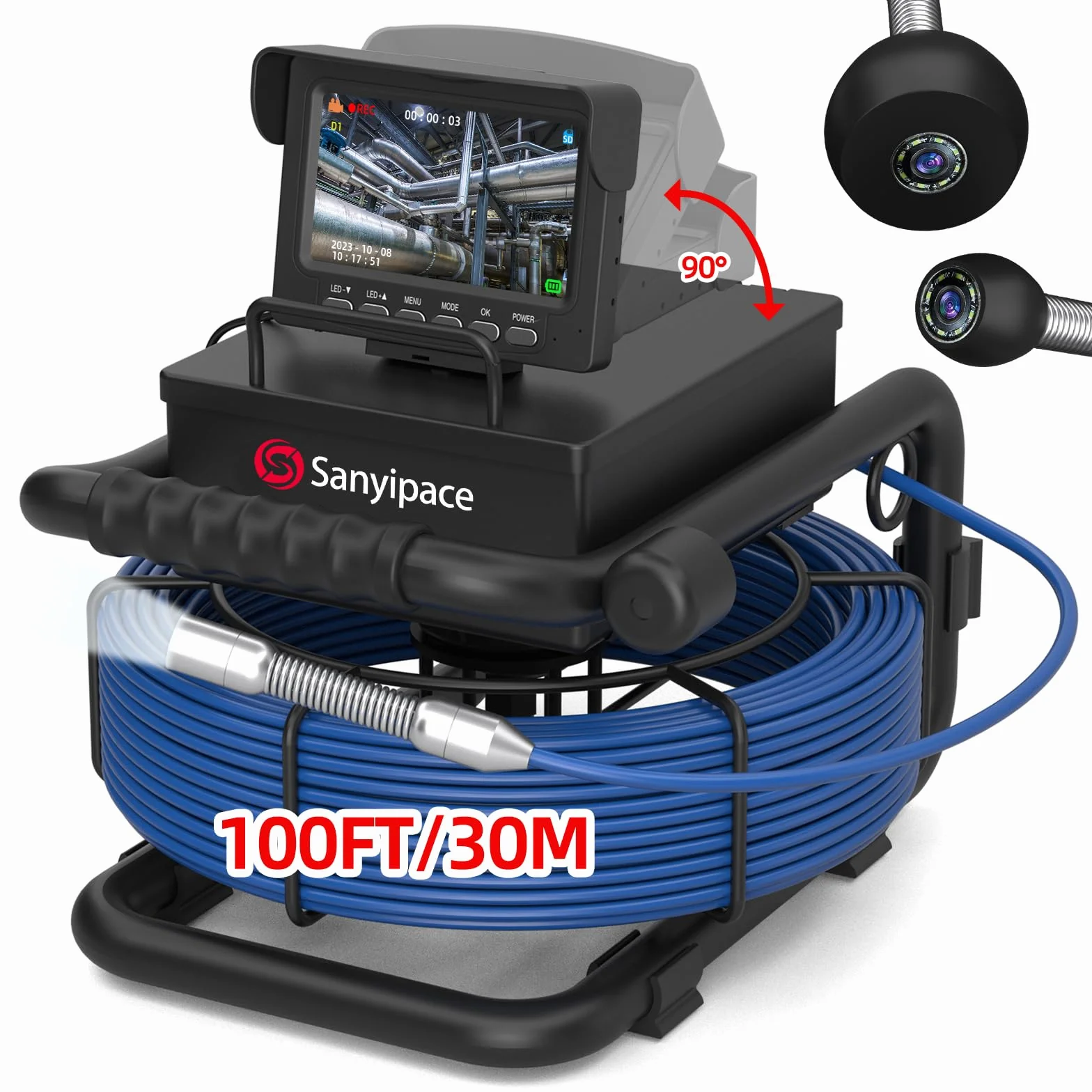 Sanyipace Cámara de Inspección de Tuberías 30M, 17mm Cámara de Alcantarillado con LUZ LED, DVR & Grabador de Audio, Batería de 5600mAh, HD Cámara de Drenaje, Tarjeta de 32 GB incluida