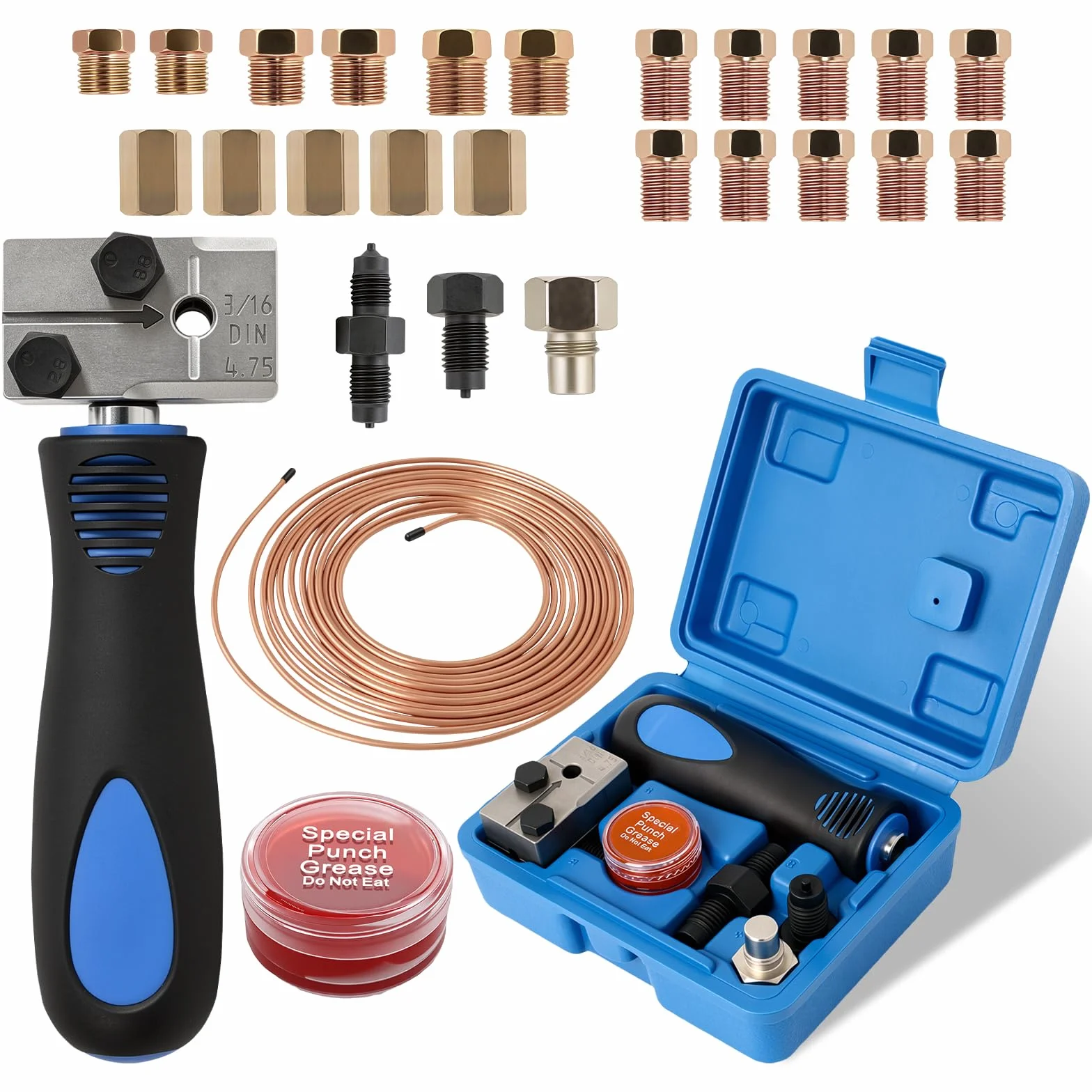 Poweka Kit de Herramienta Abocardar Tubos Freno DIN, 4,75 mm (3/16") Universal Herramienta para Bordes de Tubos de Freno, 7,62 m Cable de Freno con 16 Racores y 5 Conectores
