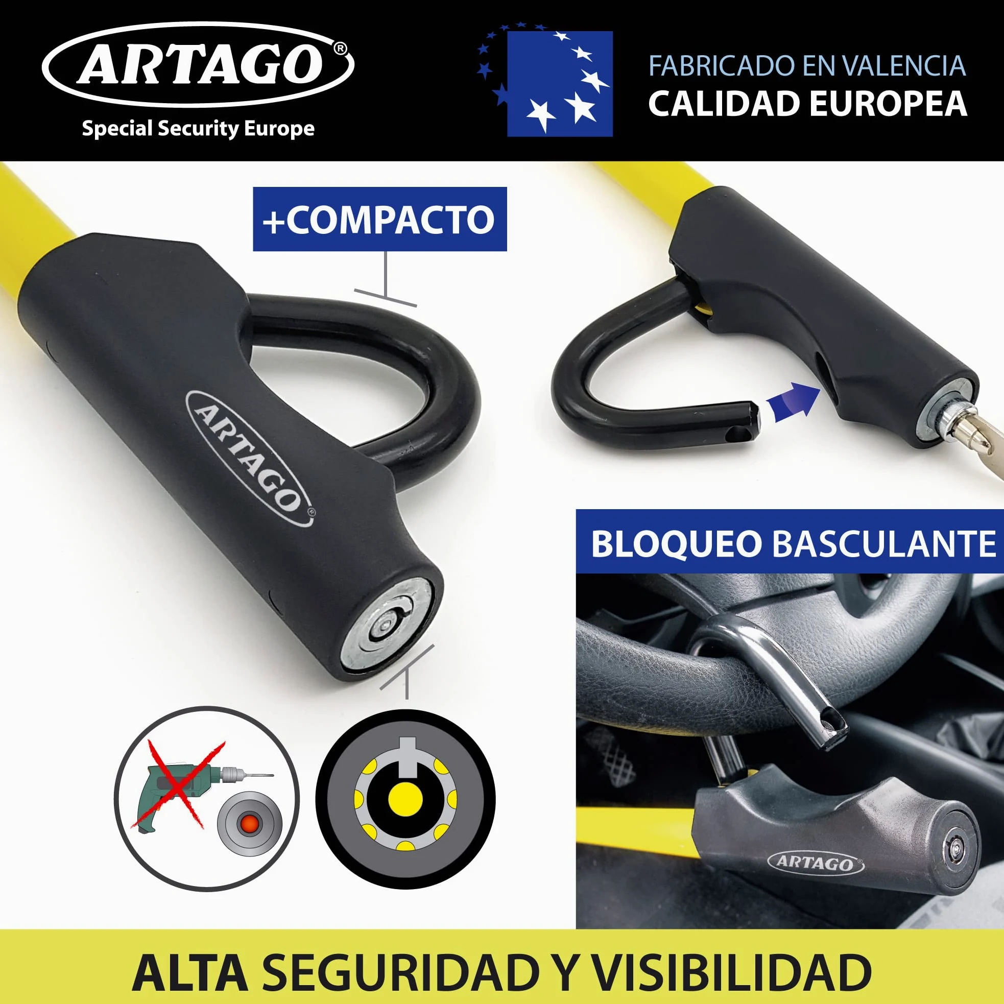 ARTAGO 871 Antirrobo Coche, Alta Gama, La Barra Bloqueo Volante Pedal Más Segura y Visible, Exclusivo Ajuste Rosca Más Preciso, Cepo Coche Universal SUV Furgoneta Autocaravana