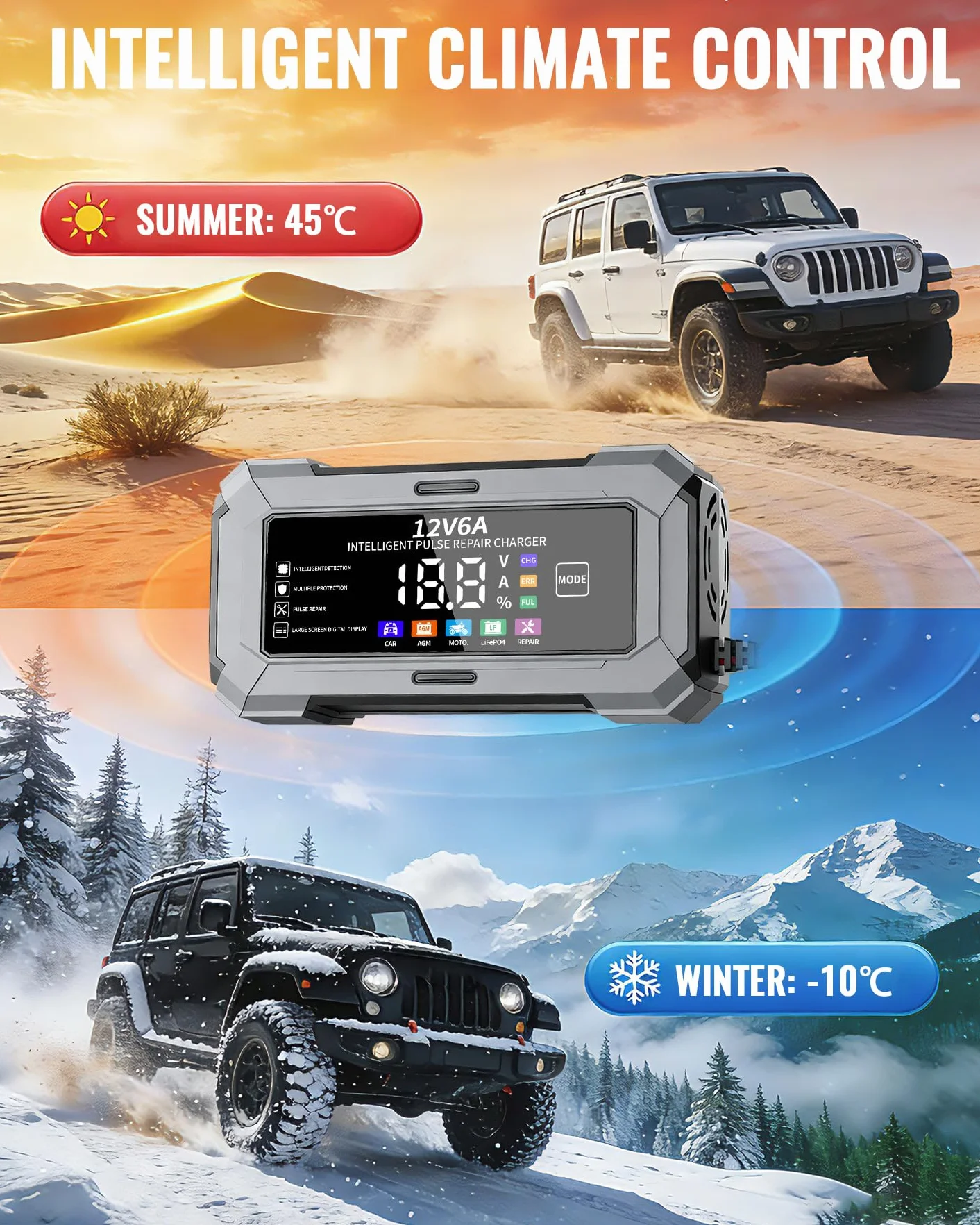 TANYO Cargador de Baterias de Coche, 12V Inteligente Cargador de Baterias Coche y Moto con Función de Reparación Automática y Pantalla LCD, 6A Cargador de Bateria para Auto, Moto, Camión, AGM, Gel