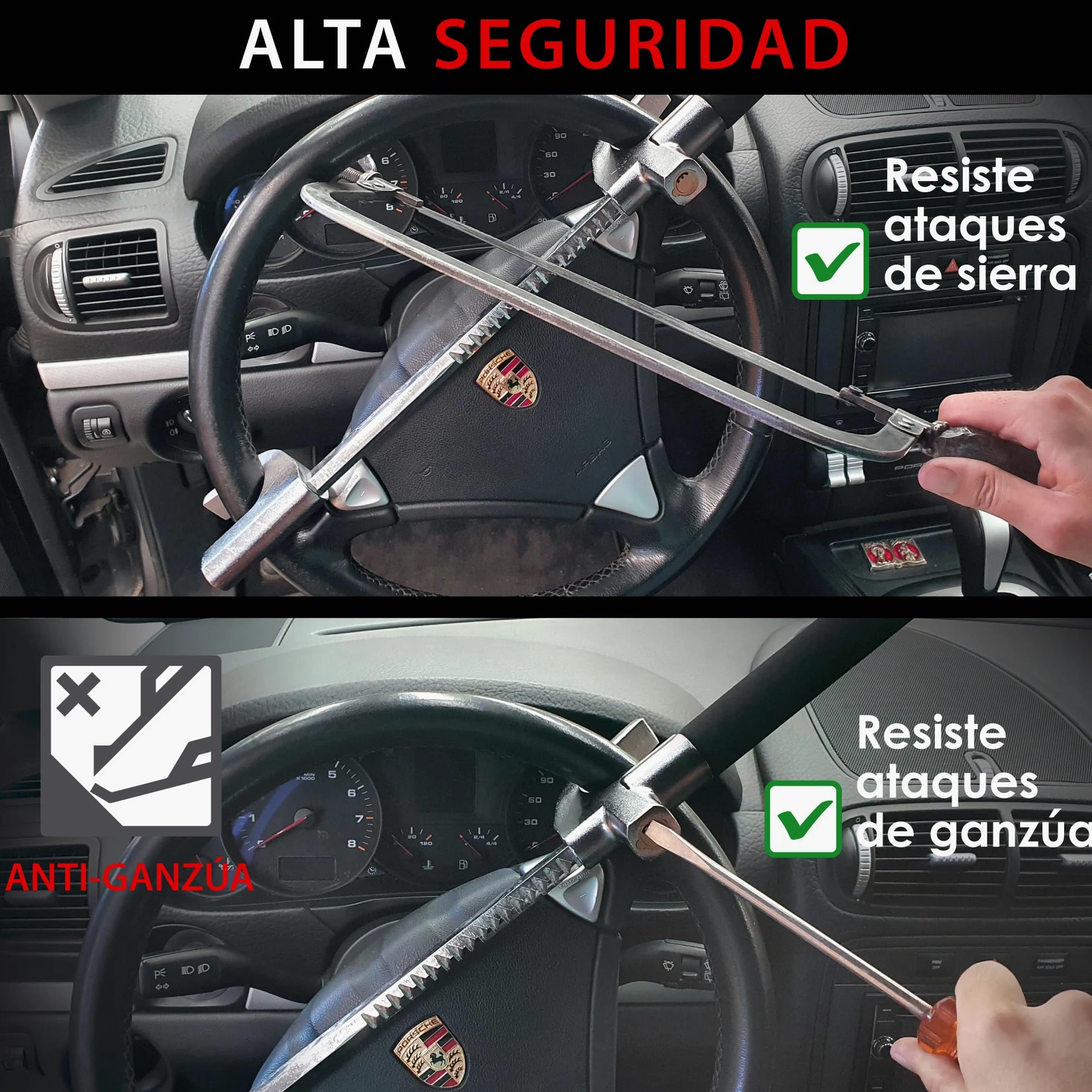 KRASER WA839B Antirrobo Coche, Alta Seguridad, Barra Volante Reforzada, Muy Visible y Disuasorio, Bloqueo Más Ajustable, Martillo Emergencia, Cepo Coche Universal SUV Furgoneta Autocaravana