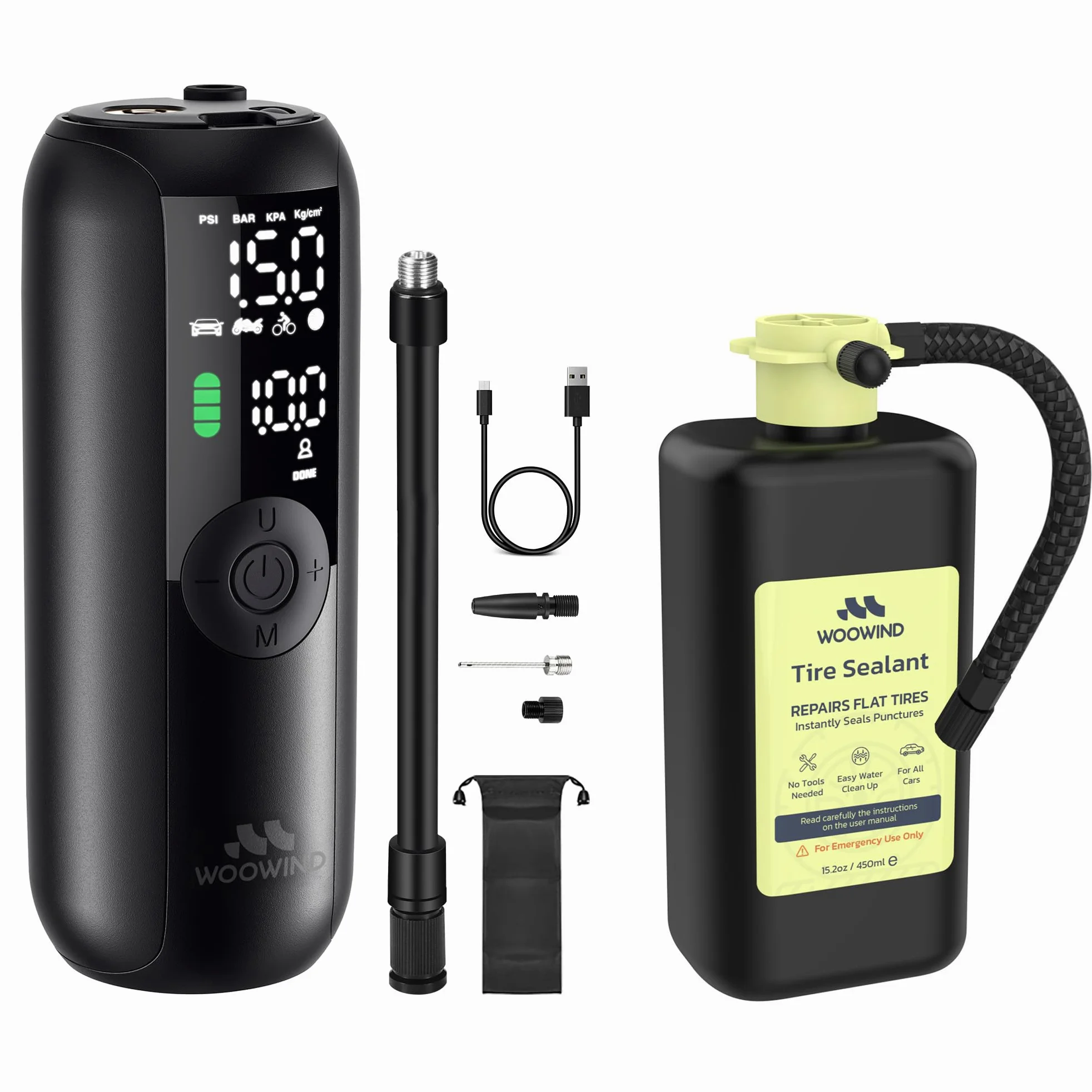 Woowind Compresor Aire Portatil 150PSI/10,3Bar, Bomba Bicicleta, Inflador Ruedas Coche, Hinchador Ruedas Coche, Apagado Automático + Woowind Tire Sealant Pro Sellador de Neumático Paquete