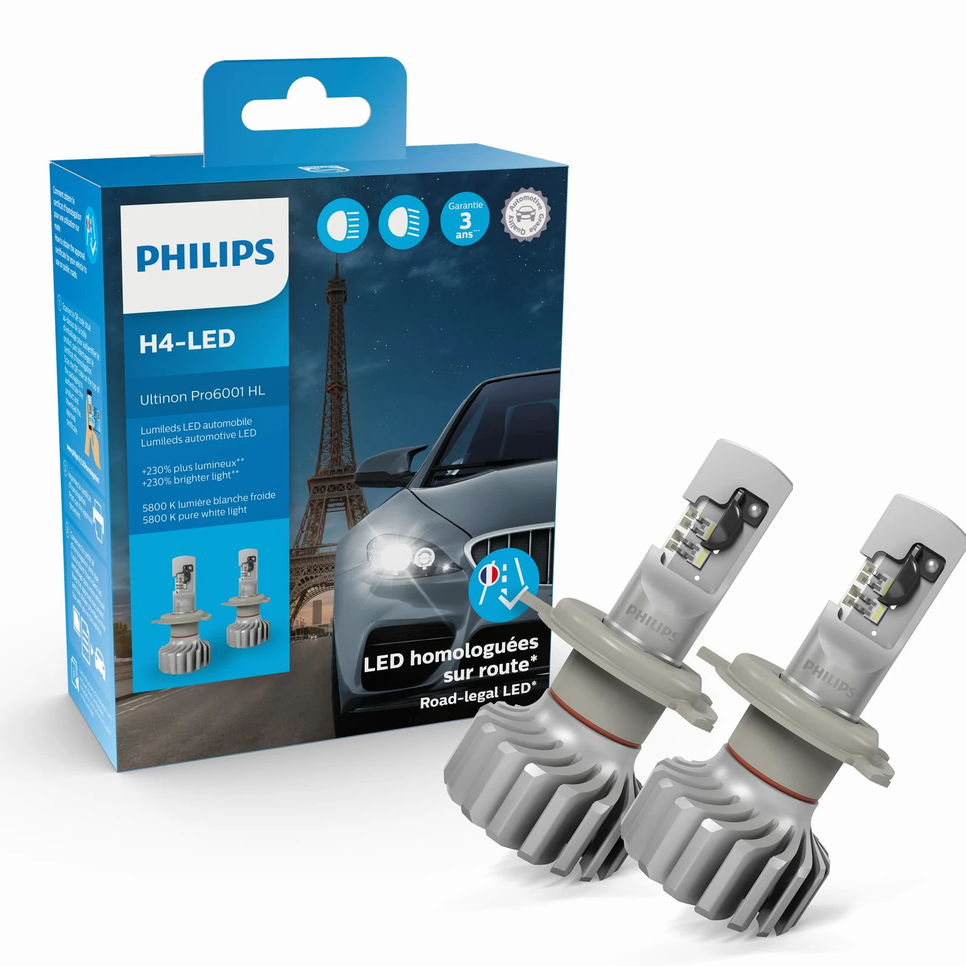 PHILIPS - 2 bombillas de coche H4 LED Ultinon U6001, homologadas, 5,800 K