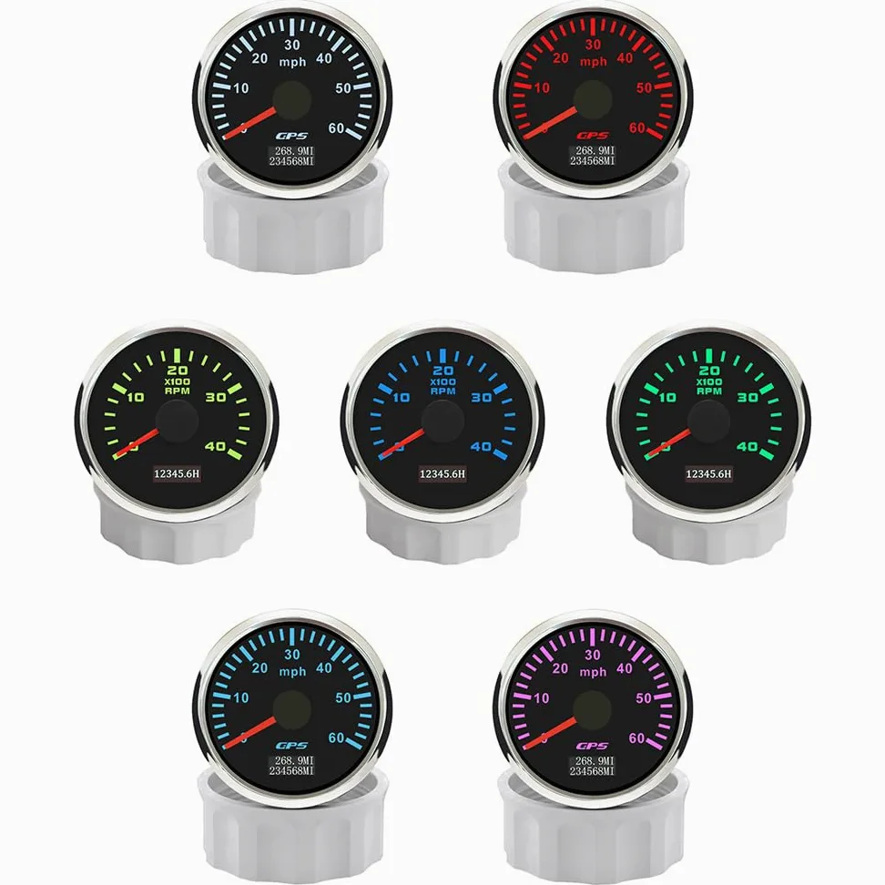 ELING Velocímetro GPS de 52 mm 0 – 60 MPH con 4000 rpm tacómetro velocímetro con contador de horas de funcionamiento retroiluminado 12 V 24 V para excavadora de barcos