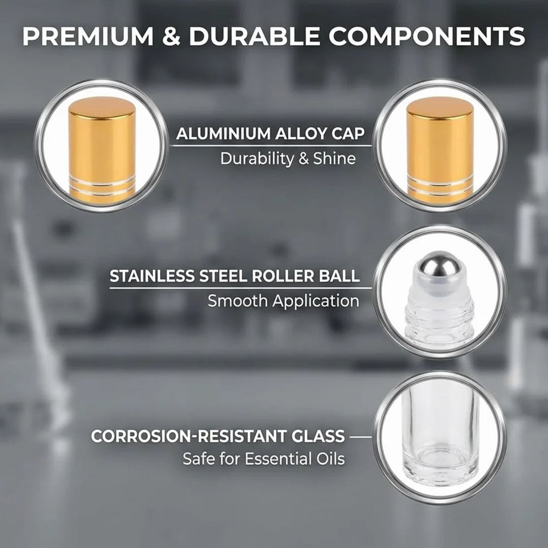 Botellas de Aceite Esencial 10 ml con Abridor, Roll On Rellenable, Vacía con Bola de Acero Inoxidable, Cristal