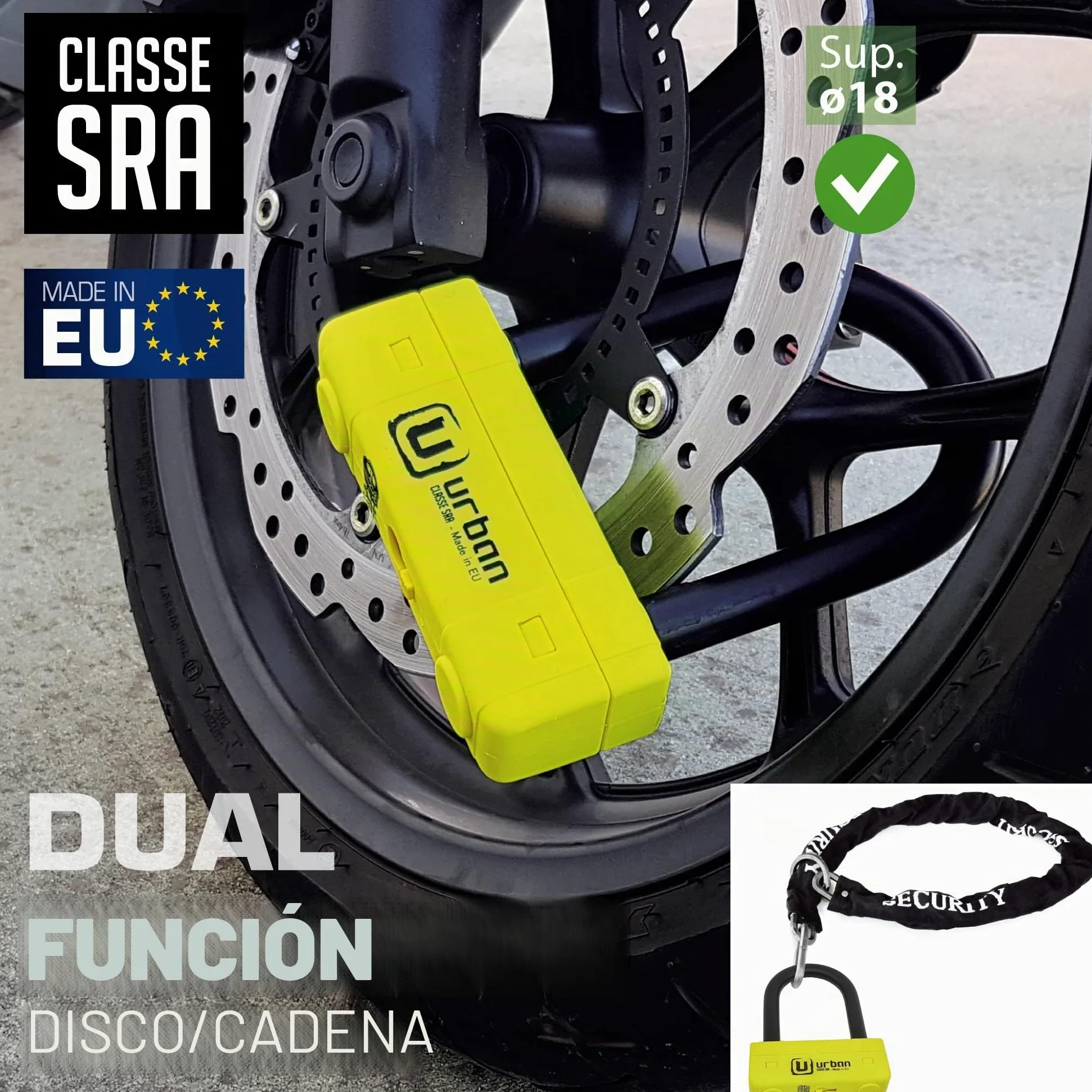URBAN UR85120Y+10.120L Candado Moto U Homologado SRA + Cadena Acero Endurecido 120cm Más Largo con Sistema Lazo, Horquilla Acero Endurecido ø18mm, Máxima Seguridad Antirrobo Universal para Motocicleta