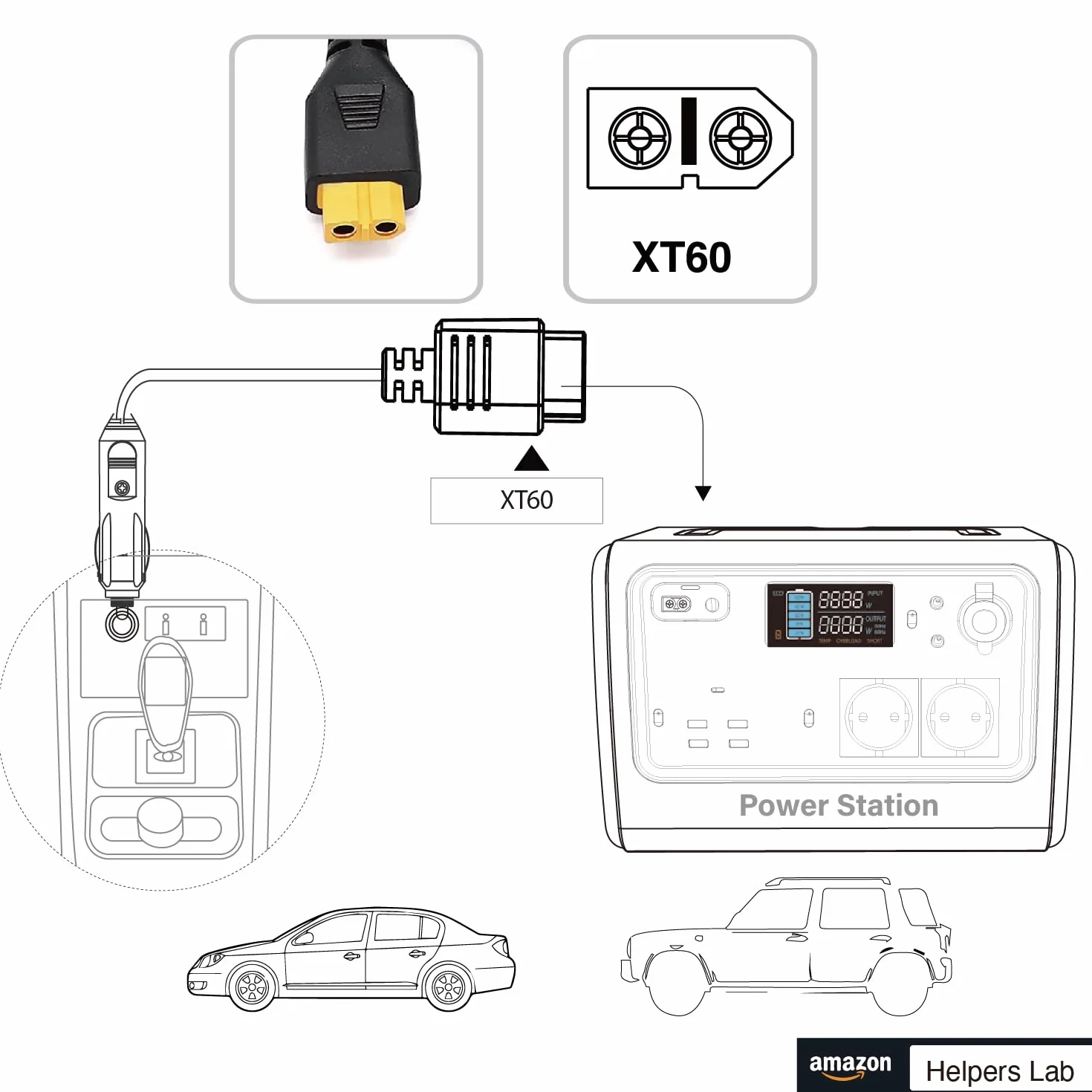 XT60 Cargador de Coche Mechero para Powerstation Estación de energía portátil Bluetti EB55 EcoFlow Delta River 12-24 V Encendedor de Cigarrillos Plug 16 AWG