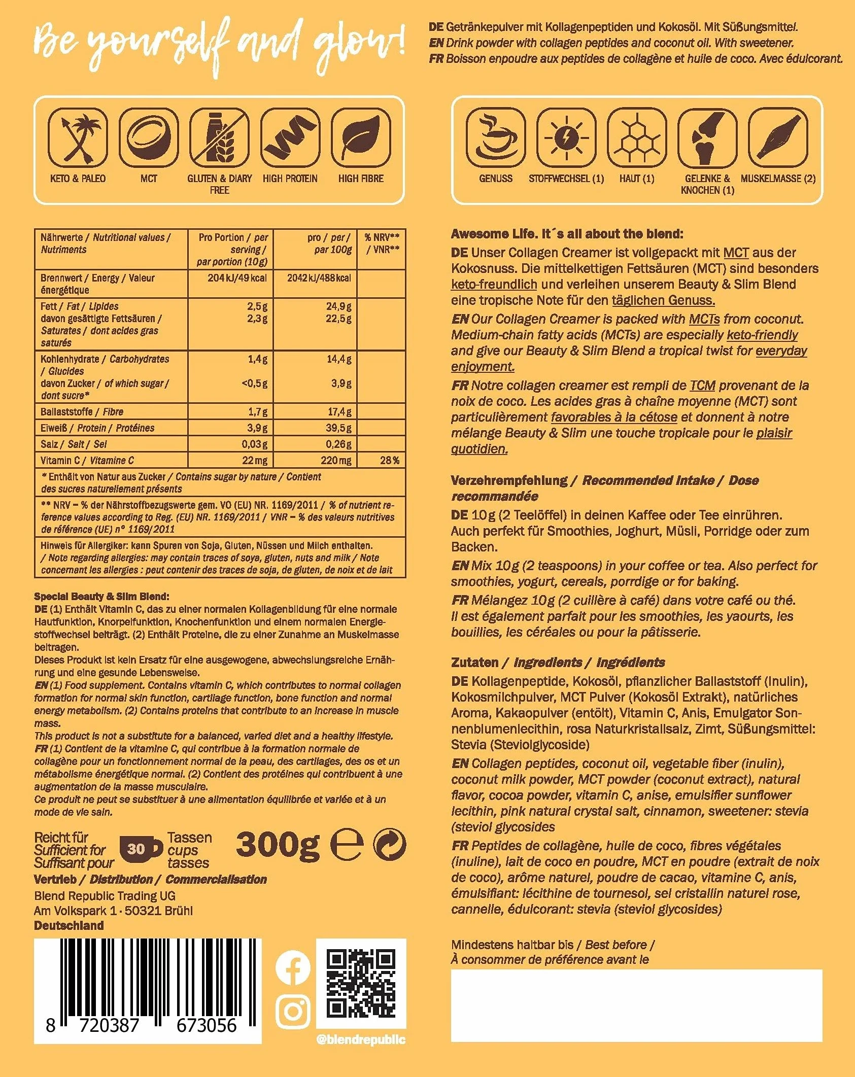 BLEND REPUBLIC Keto Coffee Creamer Caramel 300 g con aceite MCT, aceite de coco y colágeno, sin lactosa, sin azúcar añadido