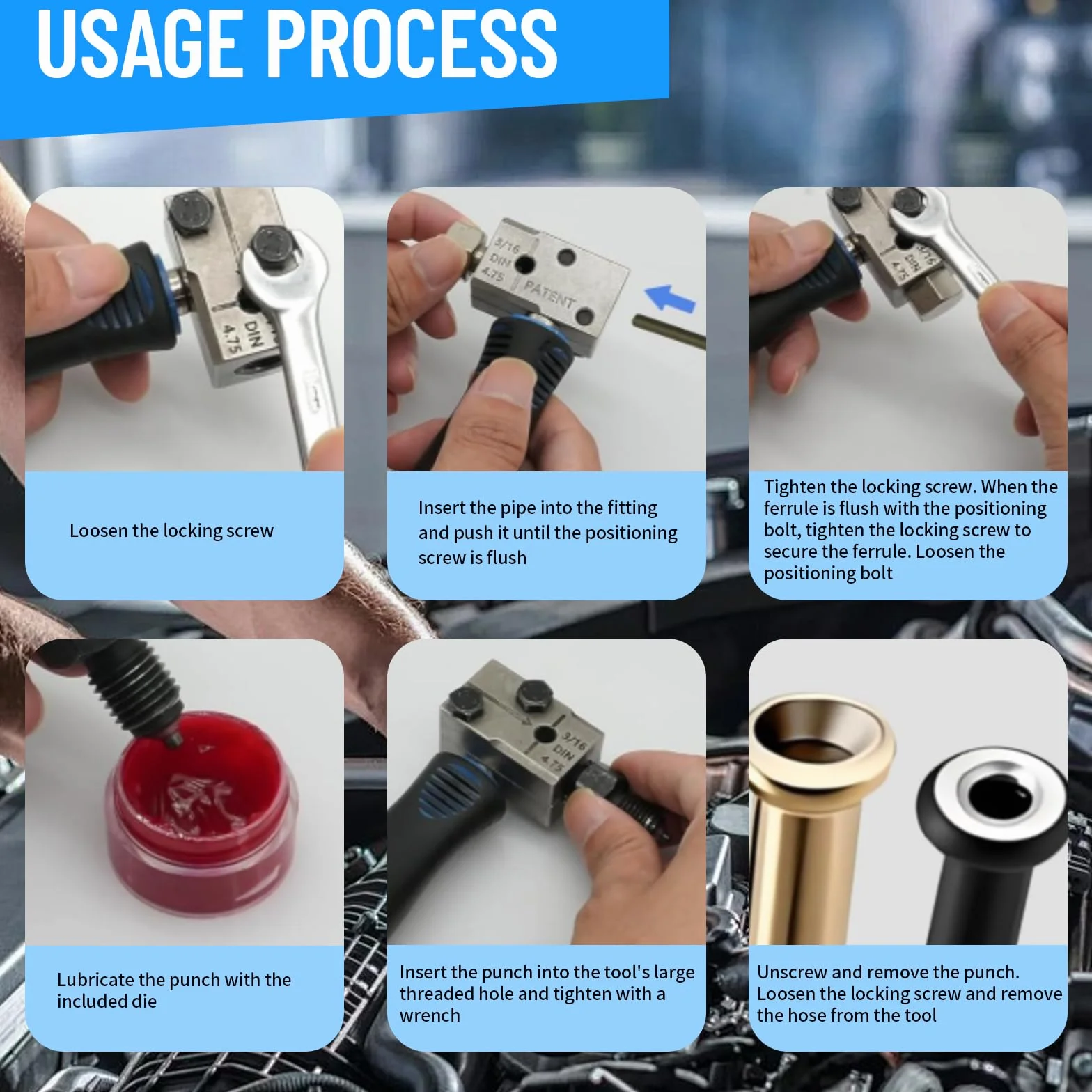 Herramienta de Rebordeo para líneas de Freno DIN con Cable de Freno de 4,75 mm, 5 Conexiones+Cinta de Sellado PTFE, Llave y Guantes para Sistemas de Frenos hidráulicos de vehículos