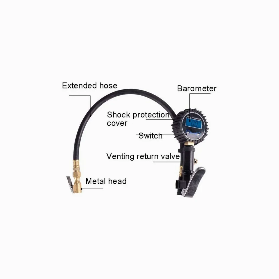 Inflador de neumáticos Digital con manómetro, Mandril de Aire de 200 PSI y Accesorios de compresor Manómetro Digital electrónico de Alta Resistencia Presión de neumáticos