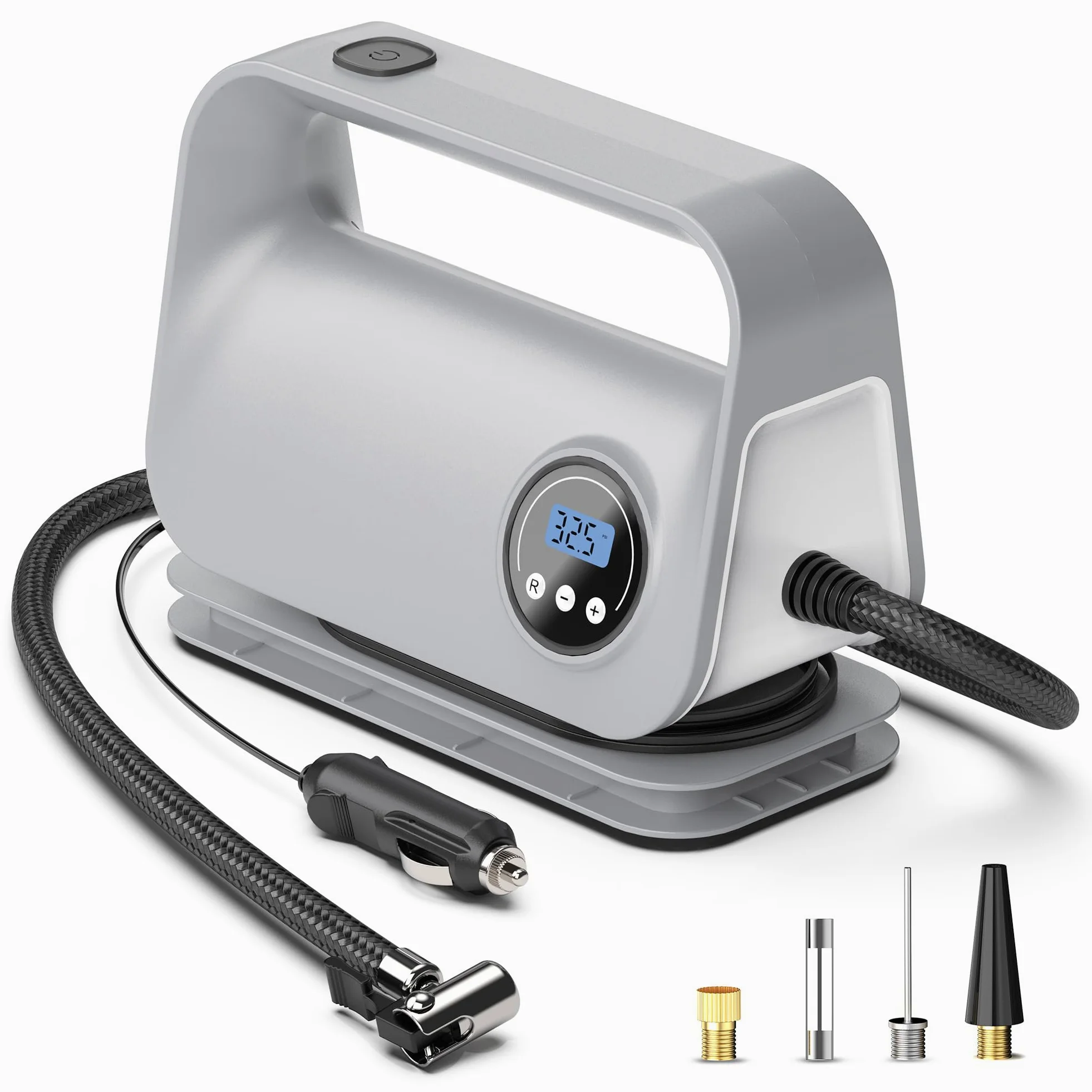 YIJU Inflador de neumáticos portátil compresor de aire bomba de aire para neumáticos de coche, accesorios de coche, bomba automática de 12 V CC con manómetro digital, luz LED de emergencia para