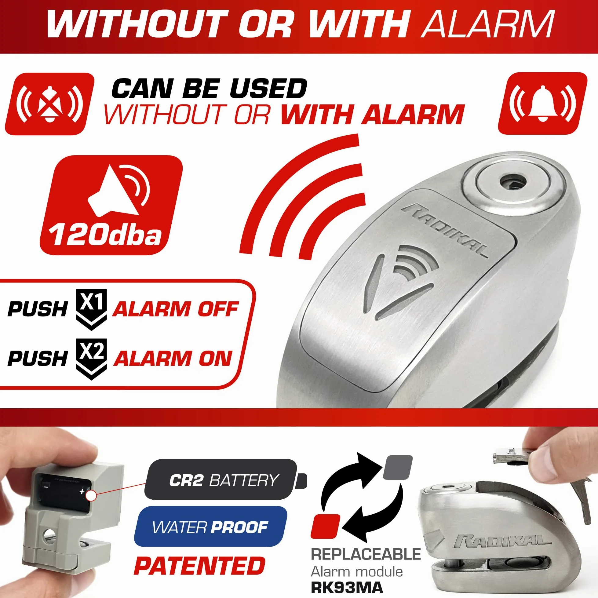 RADIKAL RK910S Candado Moto Disco Alarma X2-ON, Homologado Sra, Cerradura Alta Seguridad Antitaladro y Antiganzúa, Doble Cierre 10mm, Pila Larga Duración, Acero Inoxidable, Pinza Antirrobo Scooter