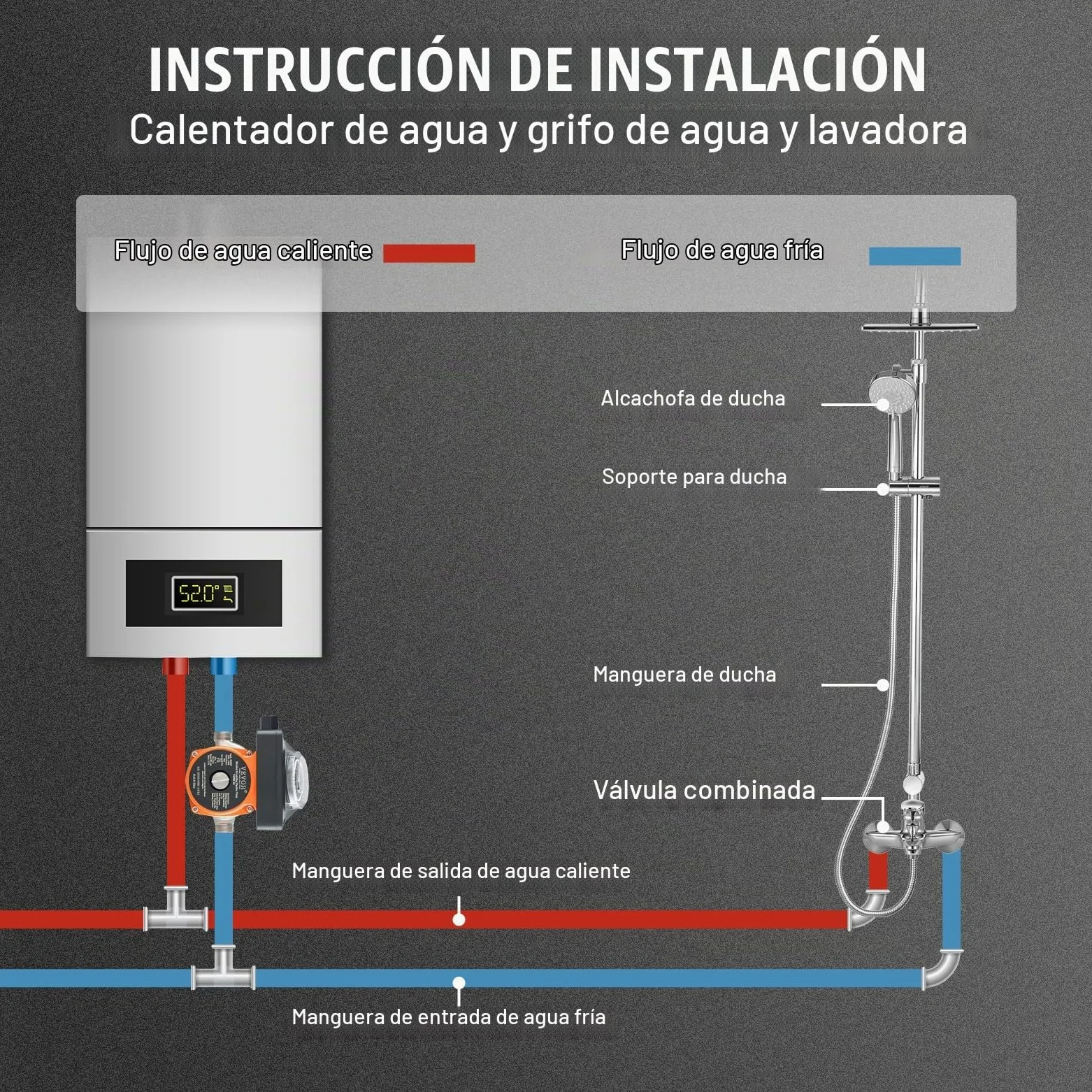 VEVOR Bomba de Circulación de Agua Caliente 100 W Bomba de Presión Circulador Auto Silenciador Acero Inoxidable Entrada Salida DN20 Adaptador DN15 para Sistema de Calentador de Agua Grifo de Ducha