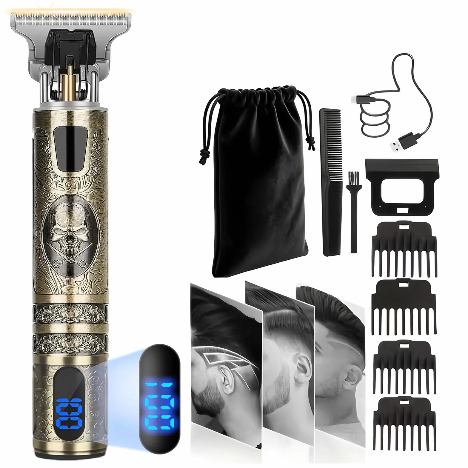 Máquina de Cortar Pelo Profesional Cortapelos Hombre Barba Cuchilla T Zero Gap Recargable USB Impermeable 4 Peine 1.5-4mm