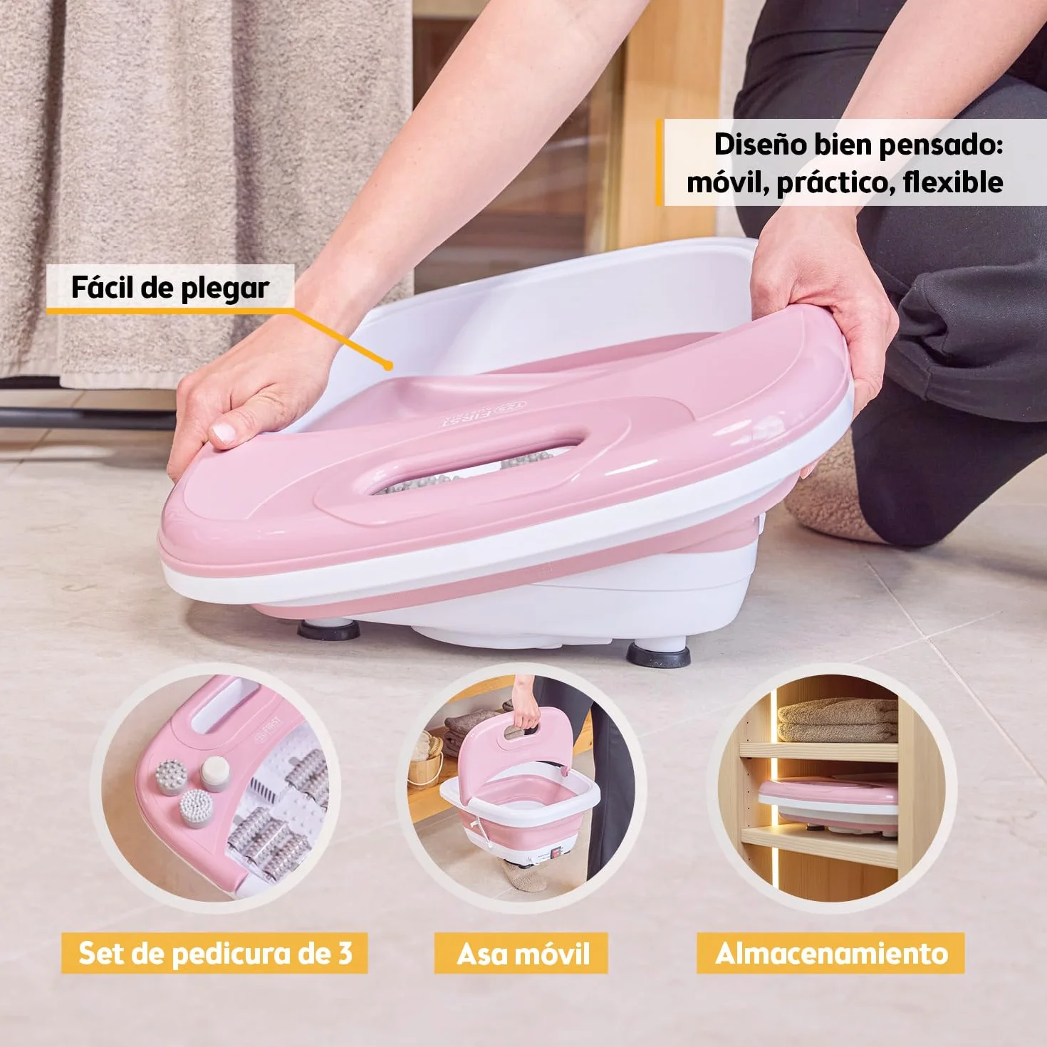 TZS First Austria Hidromasajeador plantar plegable 450W 3 accesorios 8 rodillos de masaje Pediluvio eléctrico vibración burbujas infrarrojos calefacción