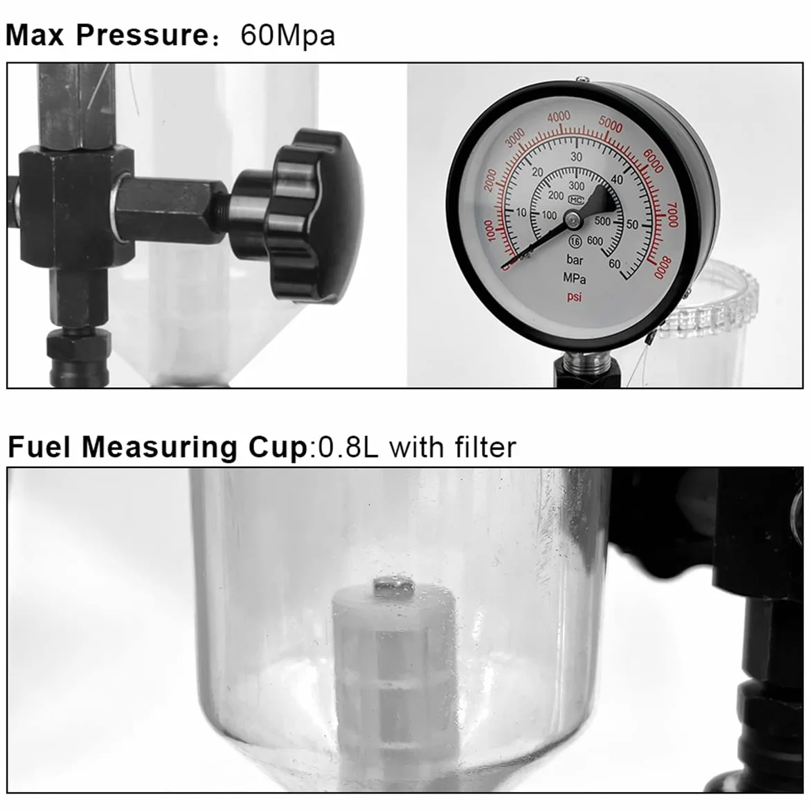 Comprobador de inyectores de combustible diésel 60 MPA 8000 PSI Vehículos tractores Comprobador de boquillas de inyectores diésel Prueba de presión de riel común Medidor de combustible Herramientas