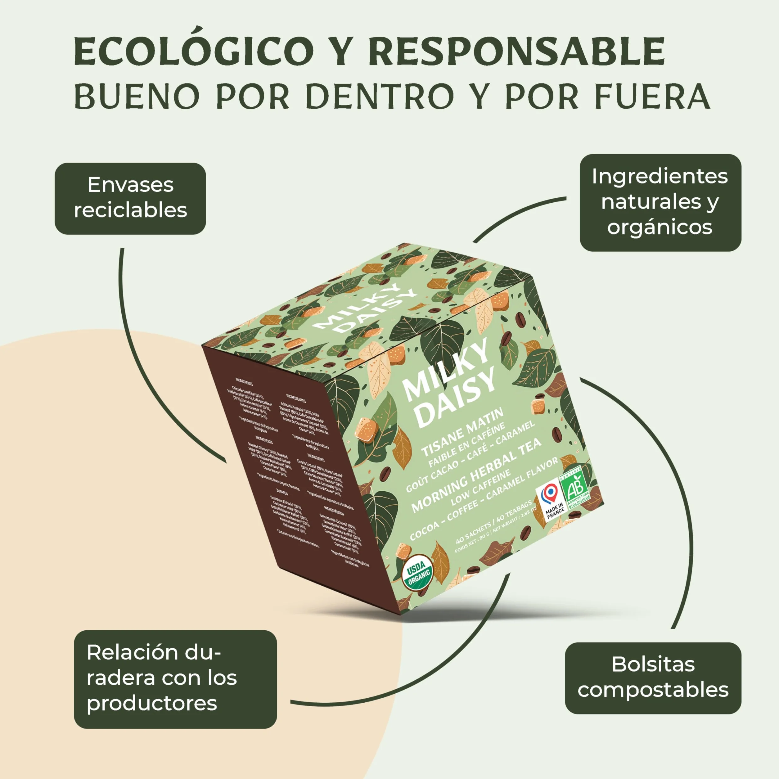 Milky Daisy Té Matutino Orgánico Sustituto del Café Sabor Cacao Café Caramelo Energizante Bajo en Cafeína 40 Bolsitas