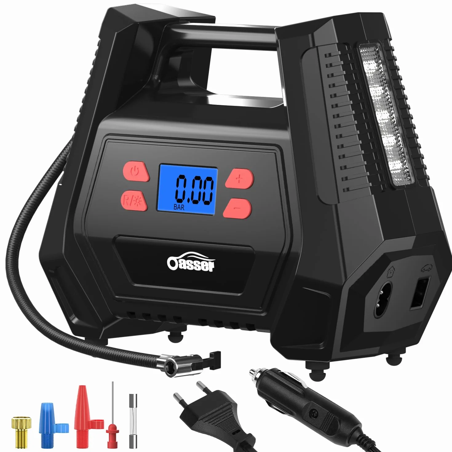 Oasser Inflador Ruedas Coche DC 12V y AC 220V Compresor Aire portatil con Pantalla LCD Luz LED Cable de 3M 150PSI para Coches, Motos y Bicicletas