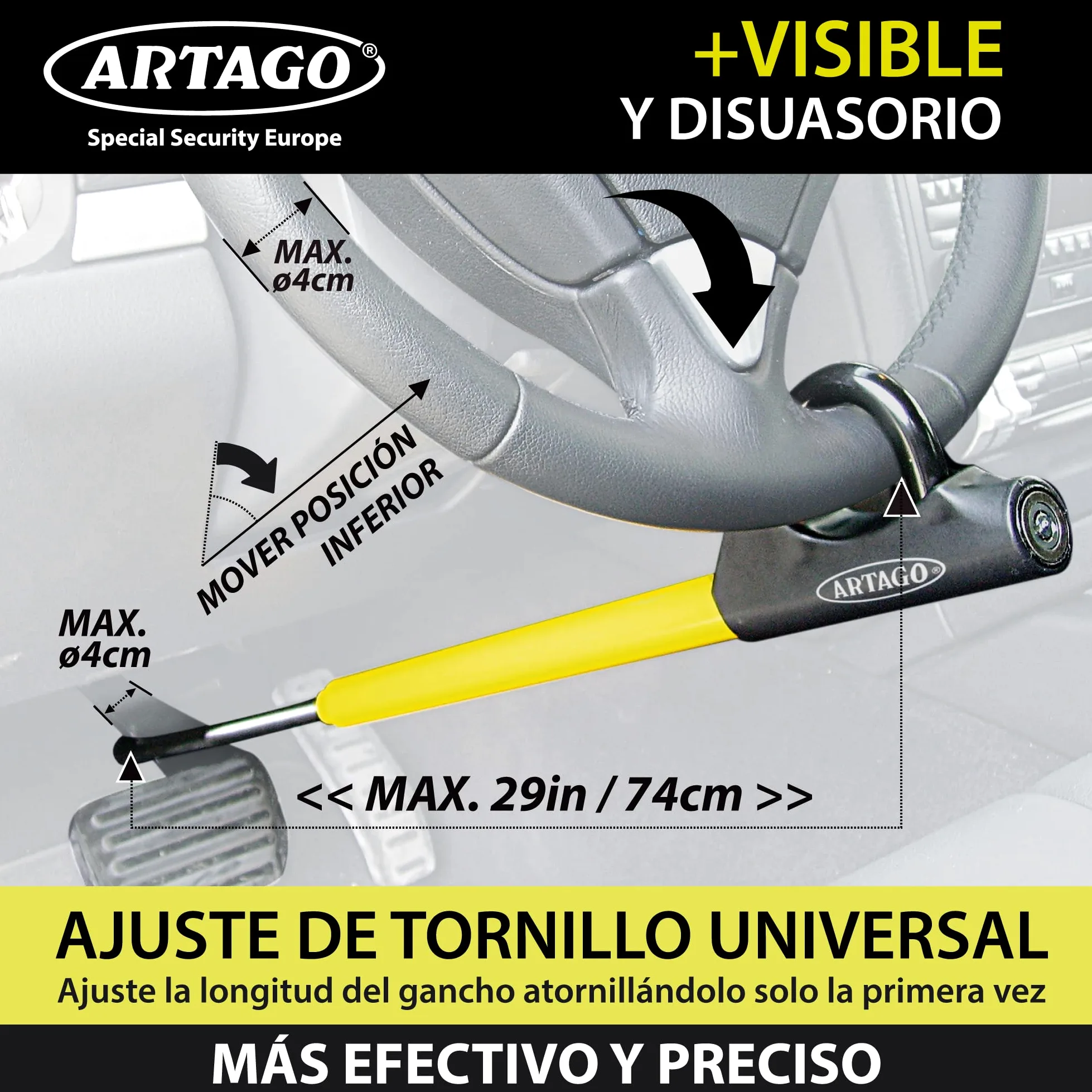 ARTAGO 871 Antirrobo Coche, Alta Gama, La Barra Bloqueo Volante Pedal Más Segura y Visible, Exclusivo Ajuste Rosca Más Preciso, Cepo Coche Universal SUV Furgoneta Autocaravana