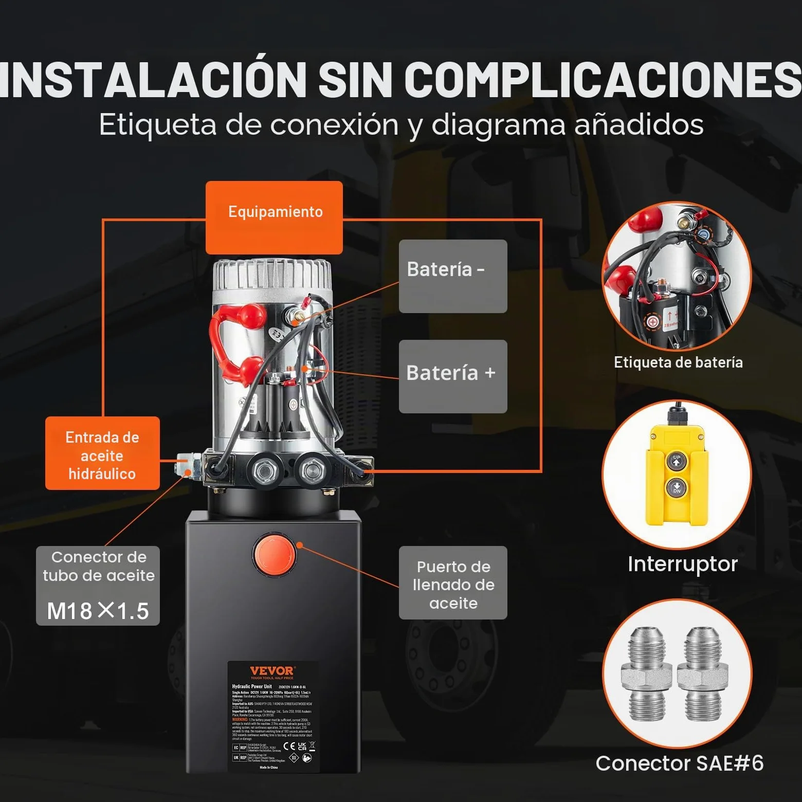 VEVOR Bomba Hidráulica DC 12 V 6 L Unidad Hidráulica de Doble Acción Flujo de Aceite 3,44 L/min Presión Máxima de Descarga 22 MPa para Volquete, Plataforma Elevadora, Remolque, Elevación y Descarga