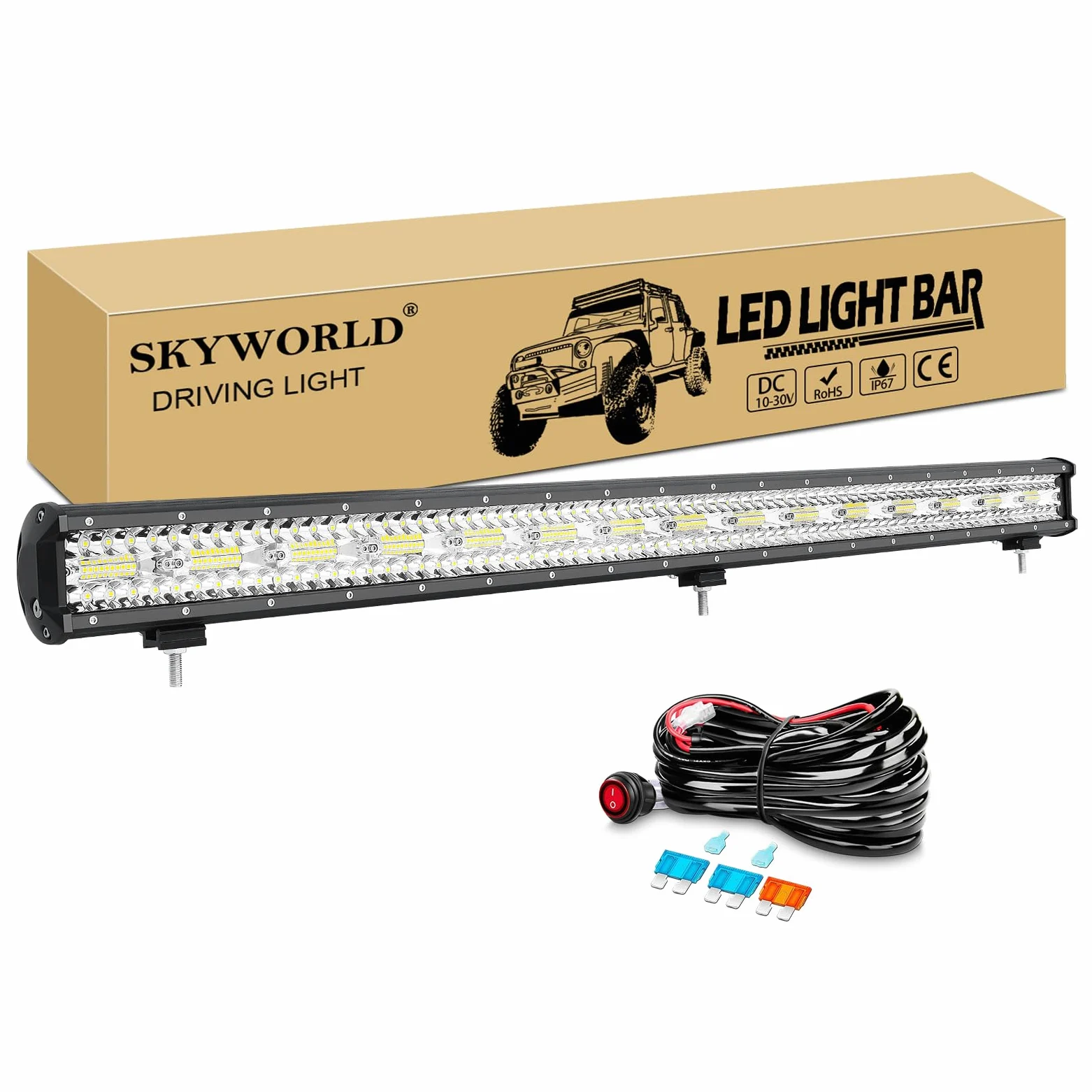 SKYWORLD 8D Barra de luz led y 12v kit de cableado, 107 cm 900W barra luces led coche para off road camión ATV todoterreno 4x4 vehículos, Impermeable 6000K blanca lámpara de conducción